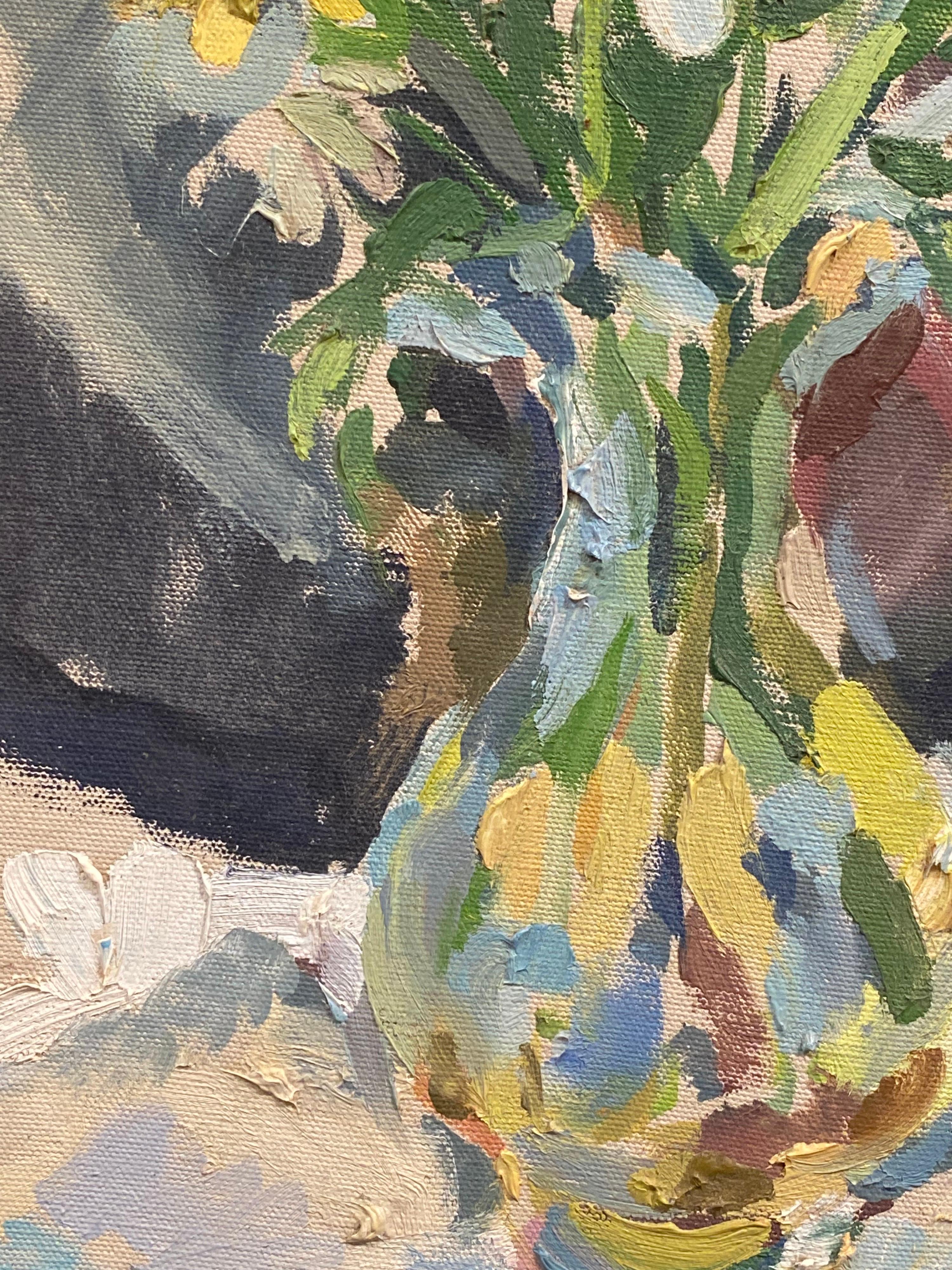 Large French Impressionist Oil - Warm Vase Of Irises and Daffodils - Brown Still-Life Painting by Douglas Stuart Allen