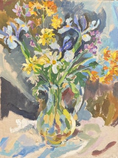 Large French Impressionist Oil - Warm Vase Of Irises and Daffodils 