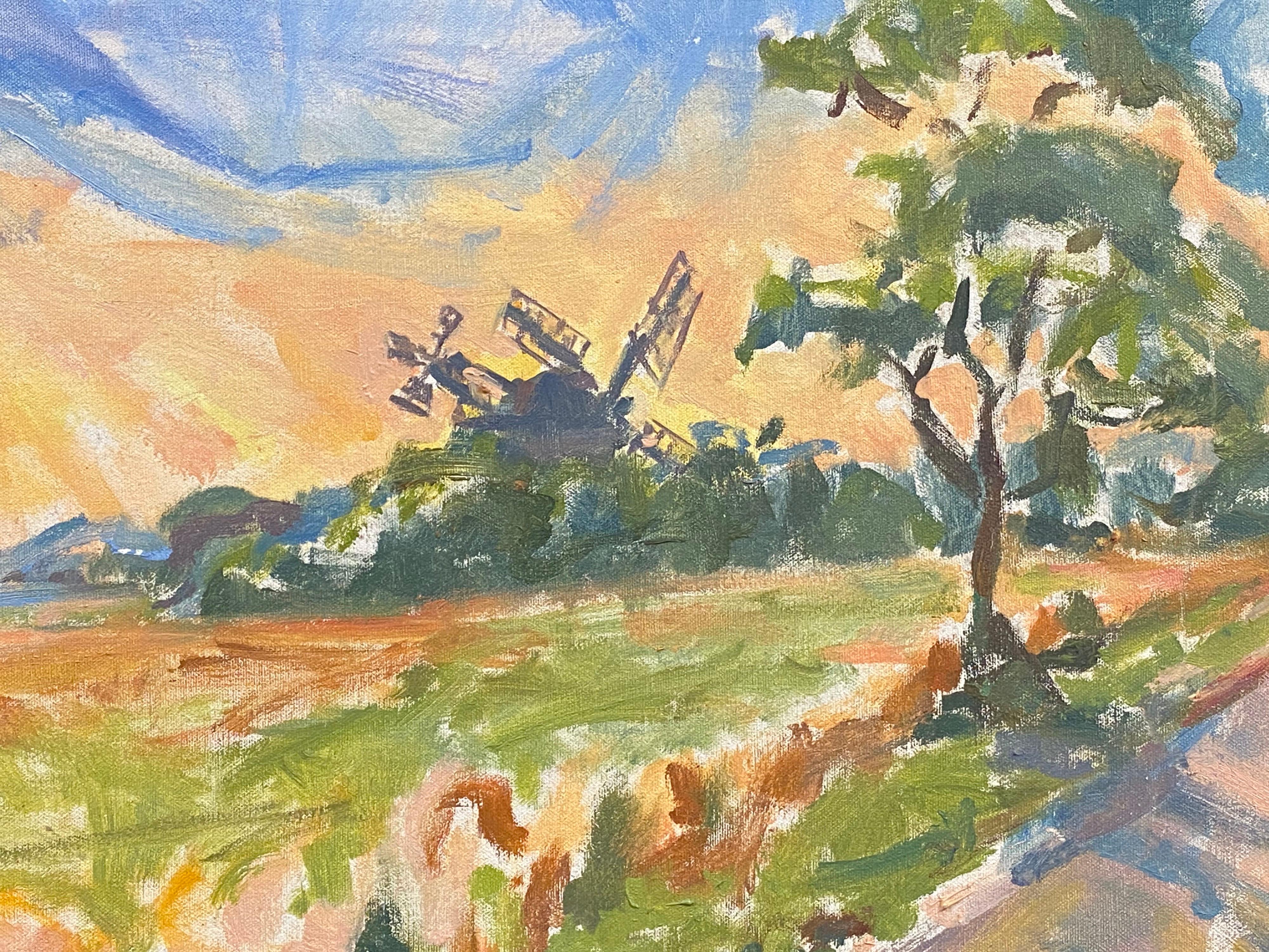 Large French Impressionist Oil  Warm Windmill Landscape - Painting by Douglas Stuart Allen