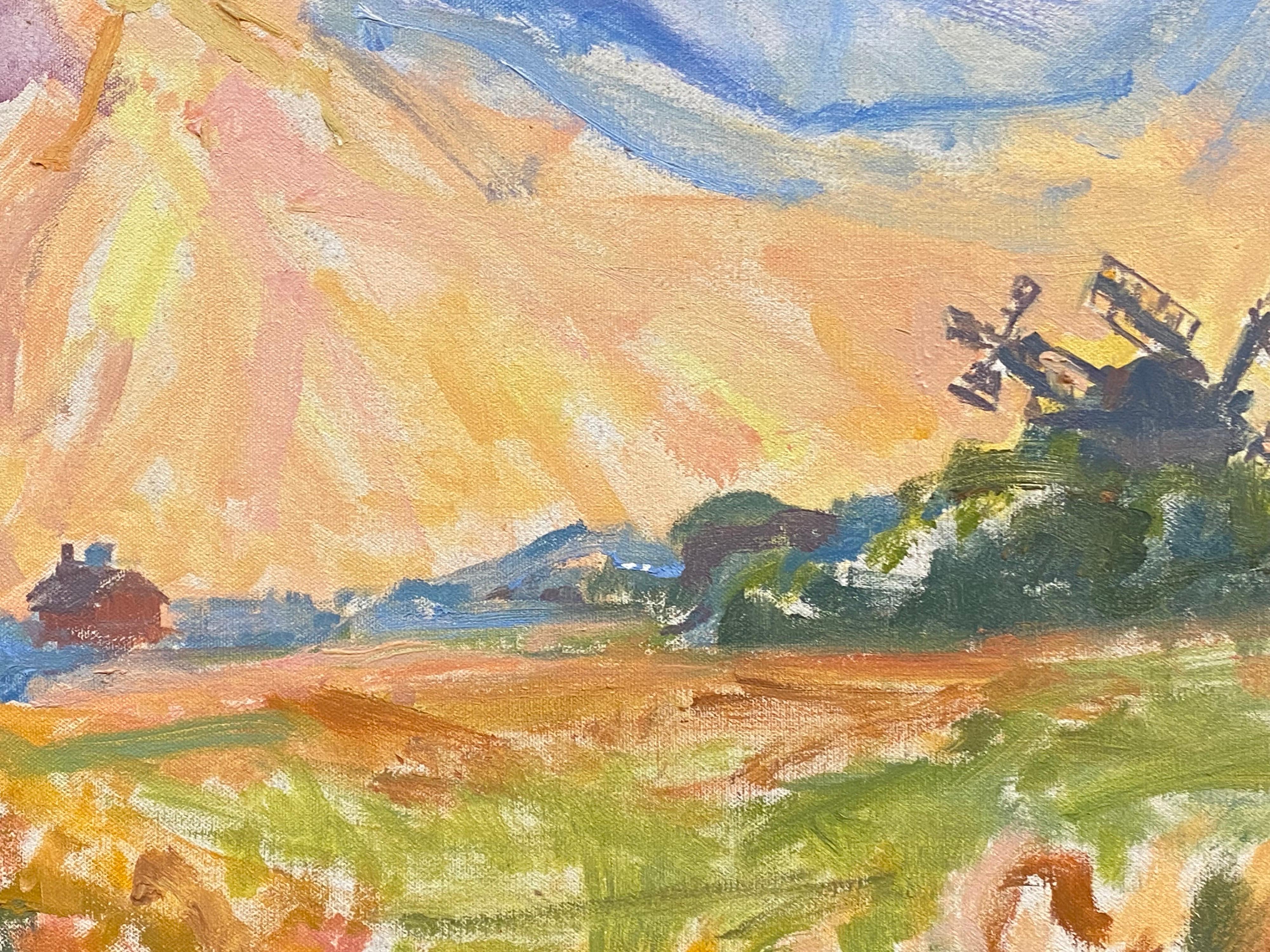 Gran óleo impresionista francés  Cálido paisaje de molinos - Painting Impresionista de Douglas Stuart Allen