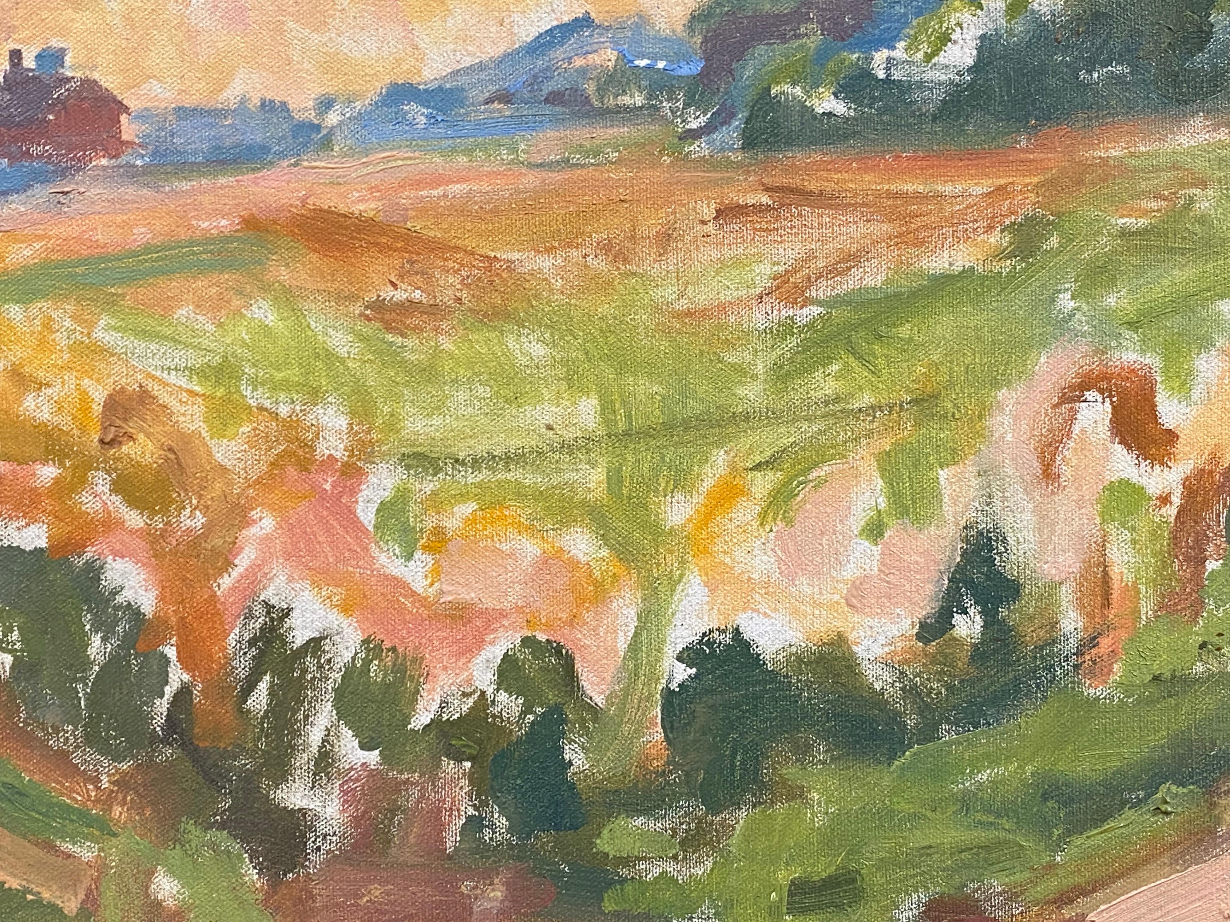 Gran óleo impresionista francés  Cálido paisaje de molinos - Landscape Painting Marrón de Douglas Stuart Allen