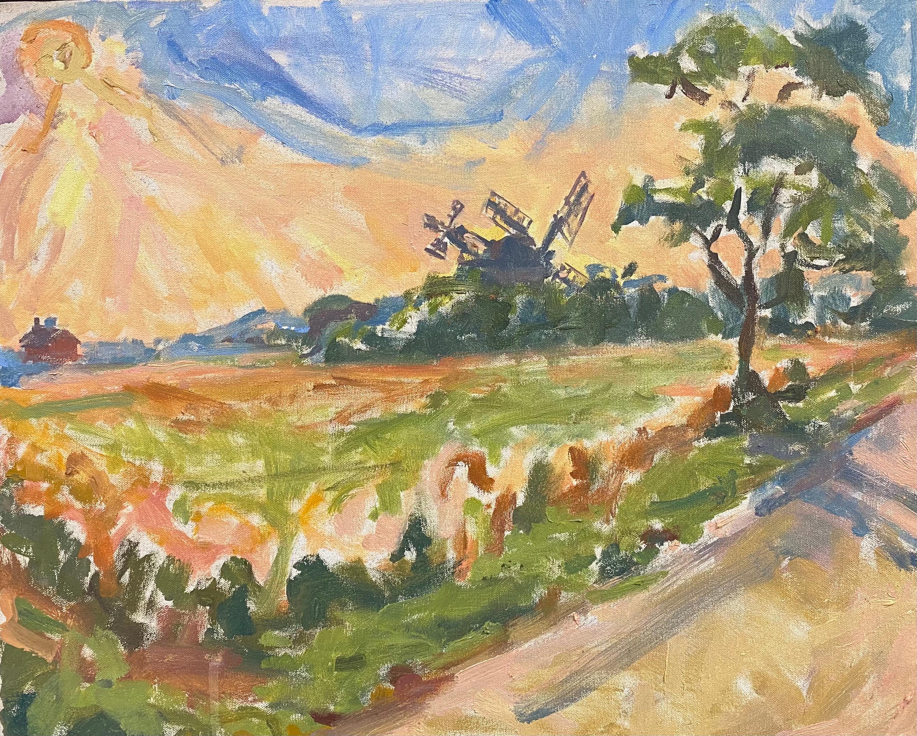 Landscape Painting de Douglas Stuart Allen - Gran óleo impresionista francés  Cálido paisaje de molinos