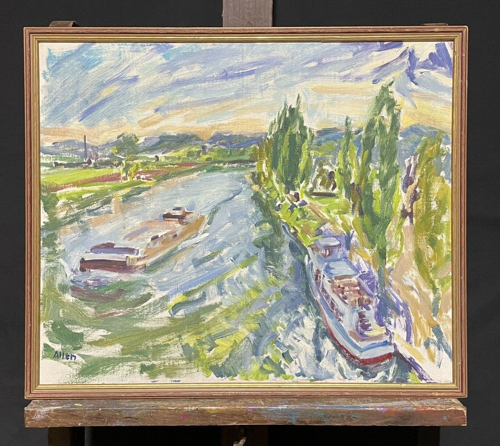 Large French Impressionist Signed Oil Boats on the River - Beautiful Colors - Painting by Douglas Stuart Allen