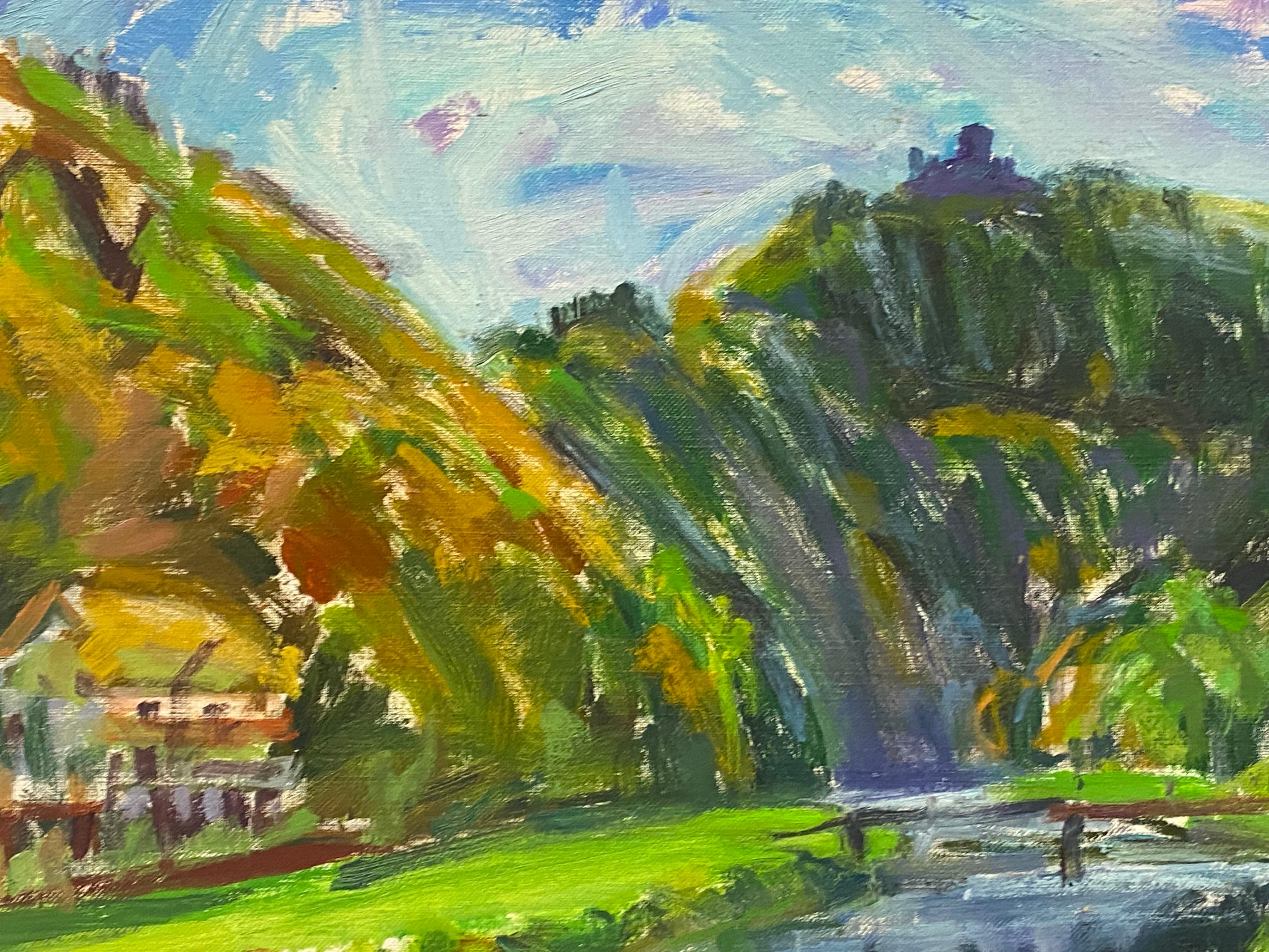 Grande huile impressionniste française signée représentant un paysage de rivière vert vif, France - Painting de Douglas Stuart Allen