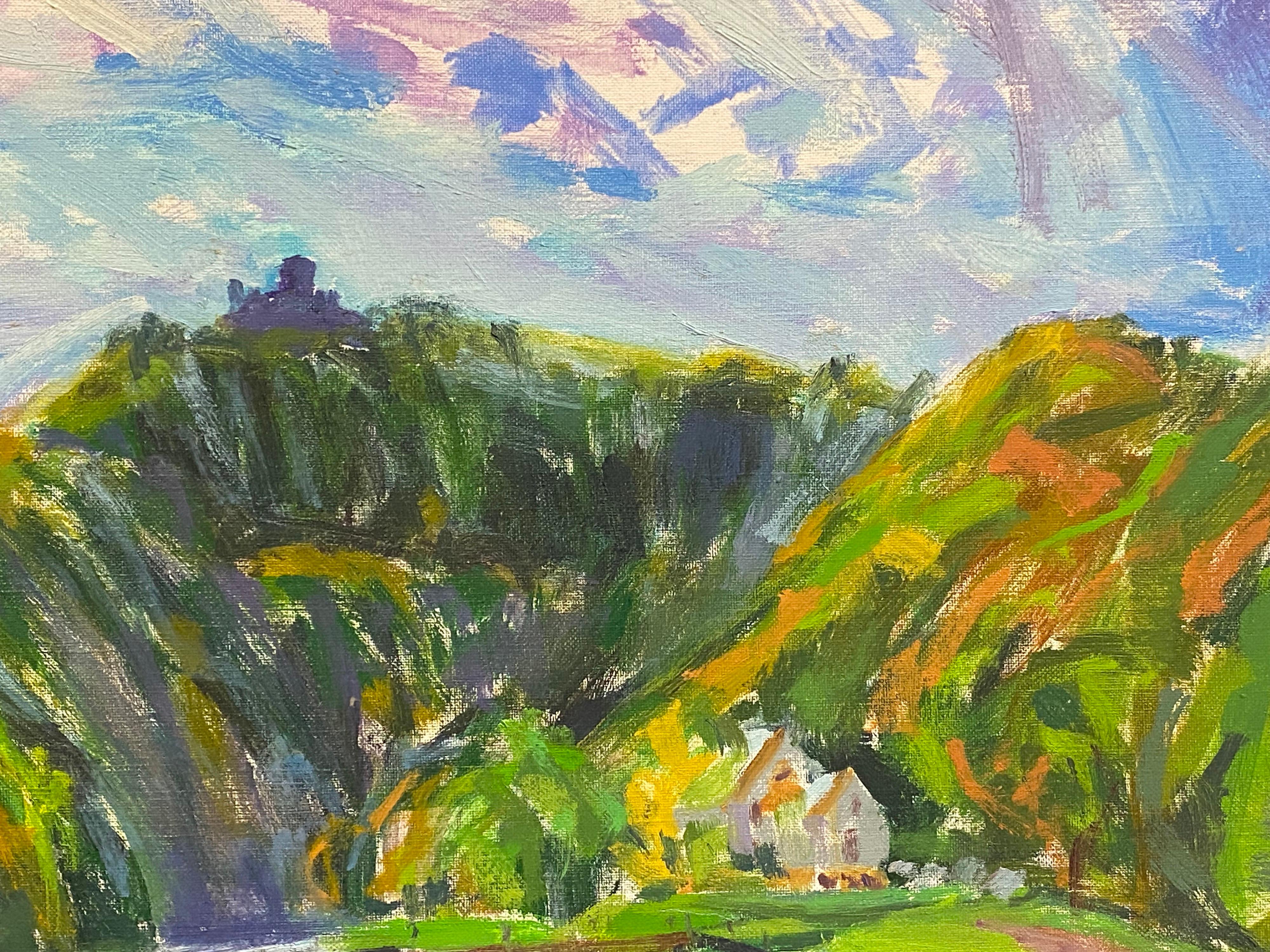 Grande huile impressionniste française signée représentant un paysage de rivière vert vif, France - Impressionnisme Painting par Douglas Stuart Allen