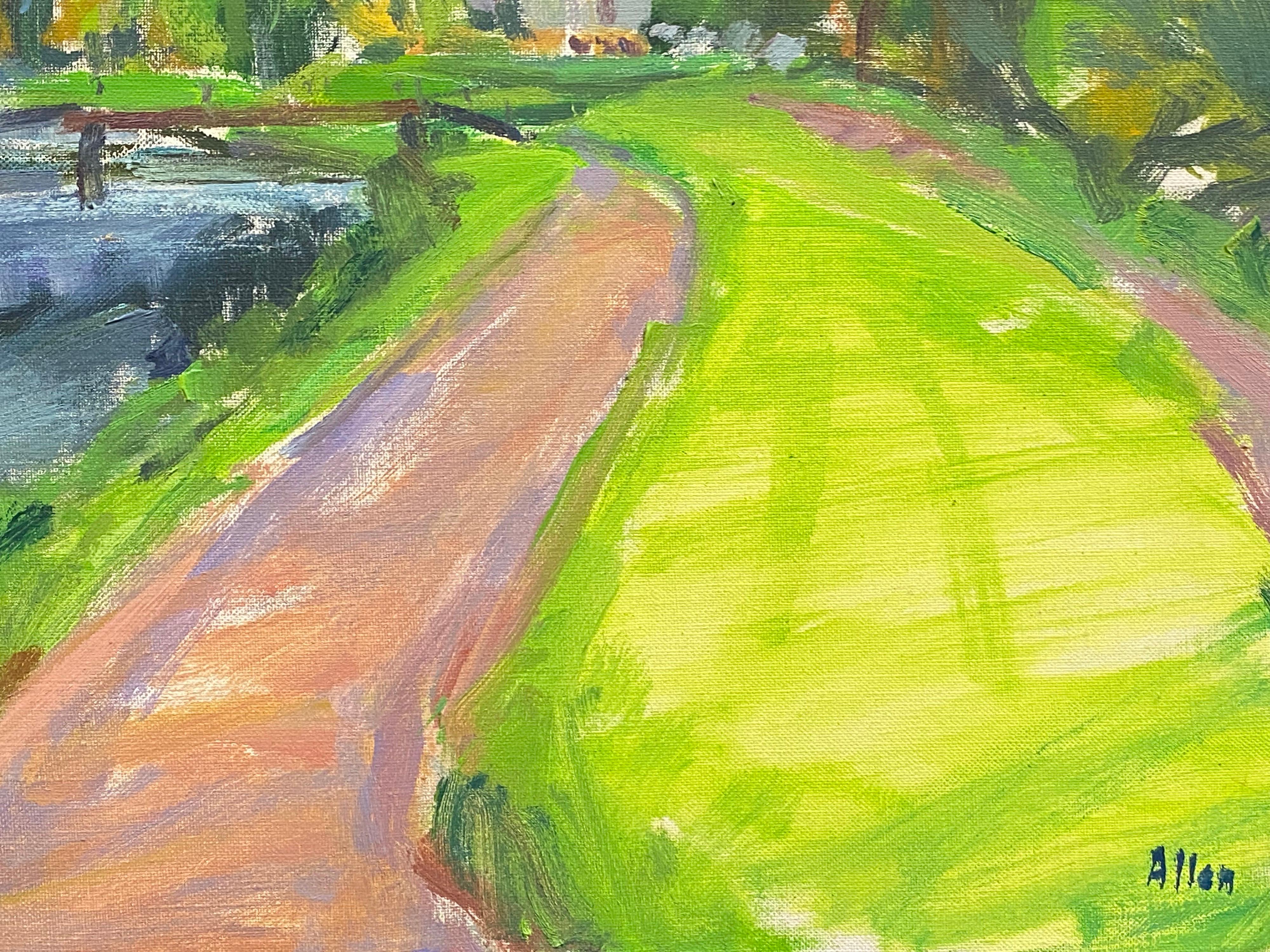 Grande huile impressionniste française signée représentant un paysage de rivière vert vif, France - Marron Still-Life Painting par Douglas Stuart Allen