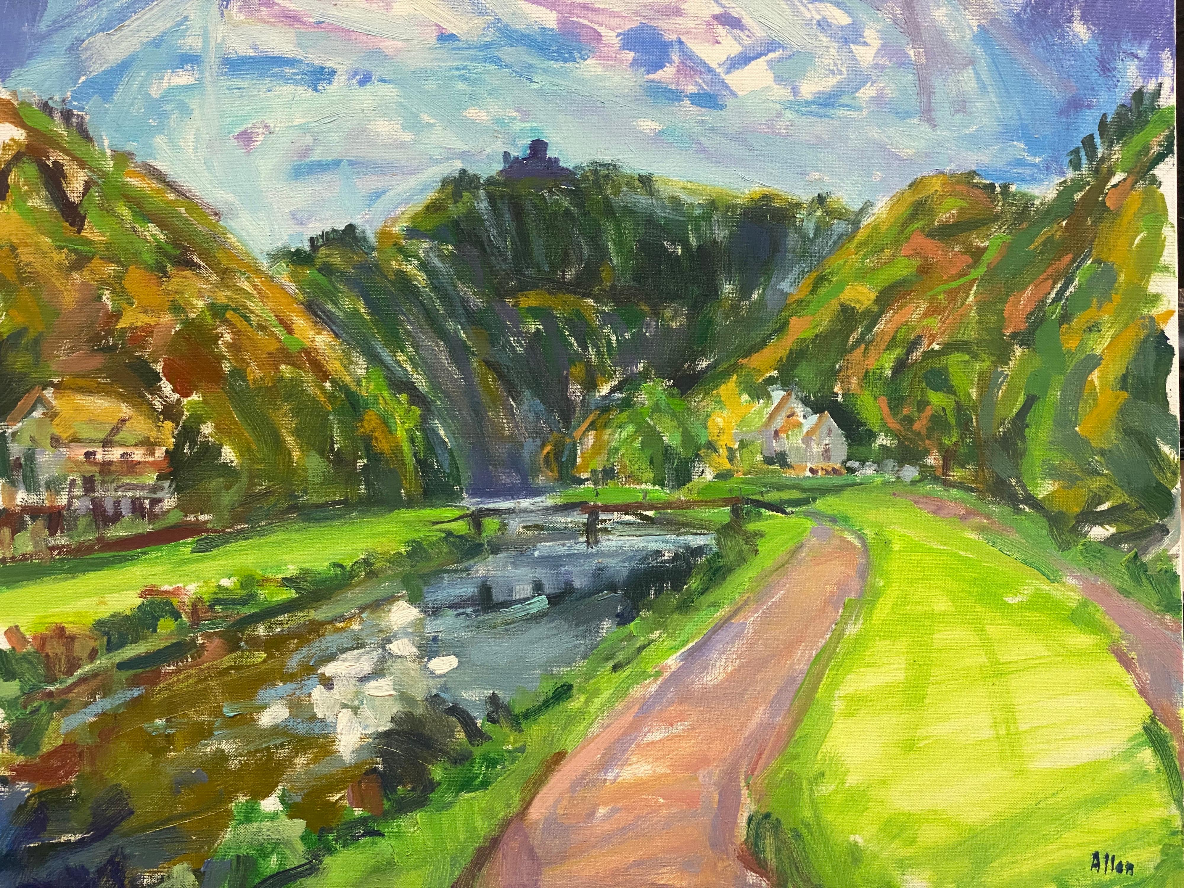 Still-Life Painting Douglas Stuart Allen - Grande huile impressionniste française signée représentant un paysage de rivière vert vif, France