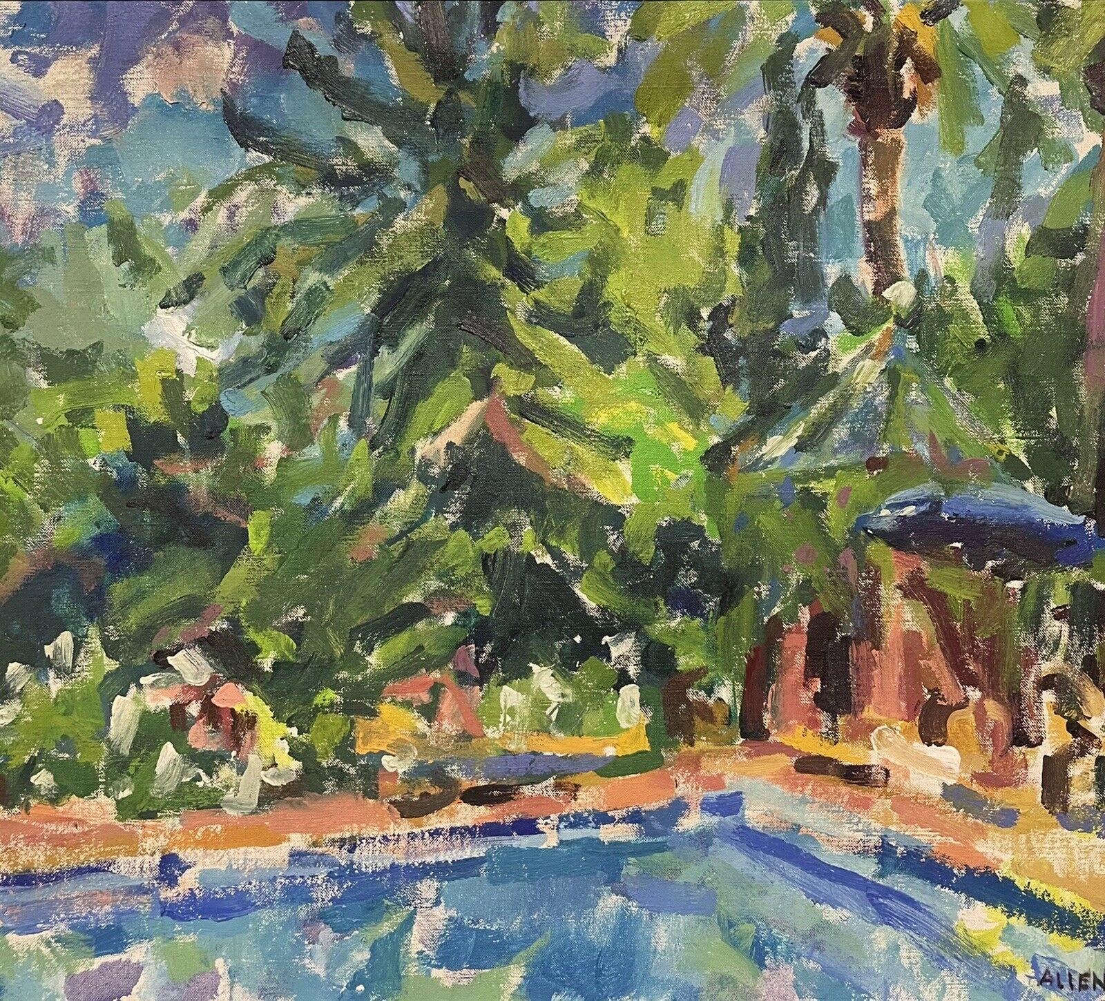 Große Französisch signiert Impressionist Öl - By The Poolside (Grau), Landscape Painting, von Douglas Stuart Allen