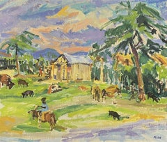 Gran cuadro al óleo impresionista firmado - Paisaje de Haití con árboles y animales