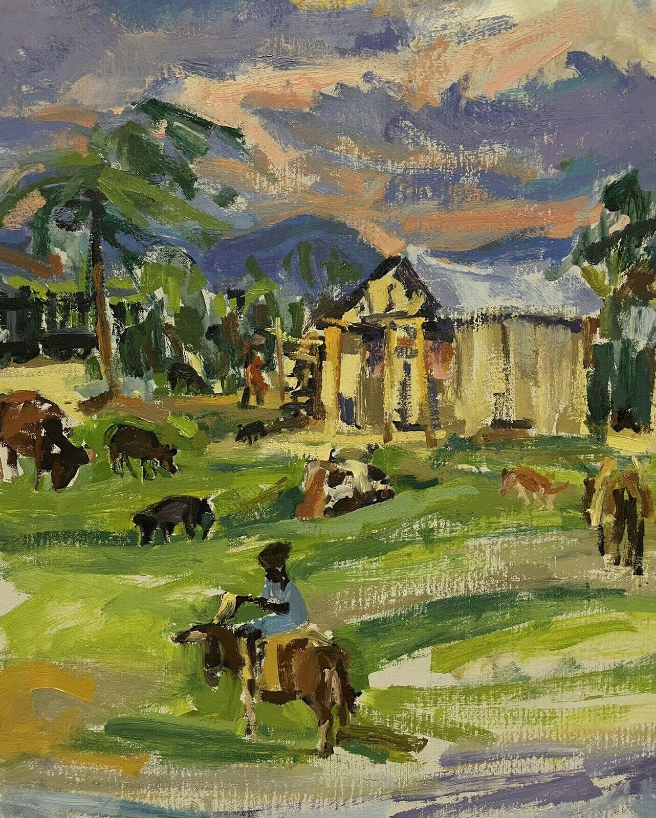 Grande peinture à l'huile impressionniste signée - Paysage d'Haïti avec arbres et animaux - Impressionnisme Painting par Douglas Stuart Allen
