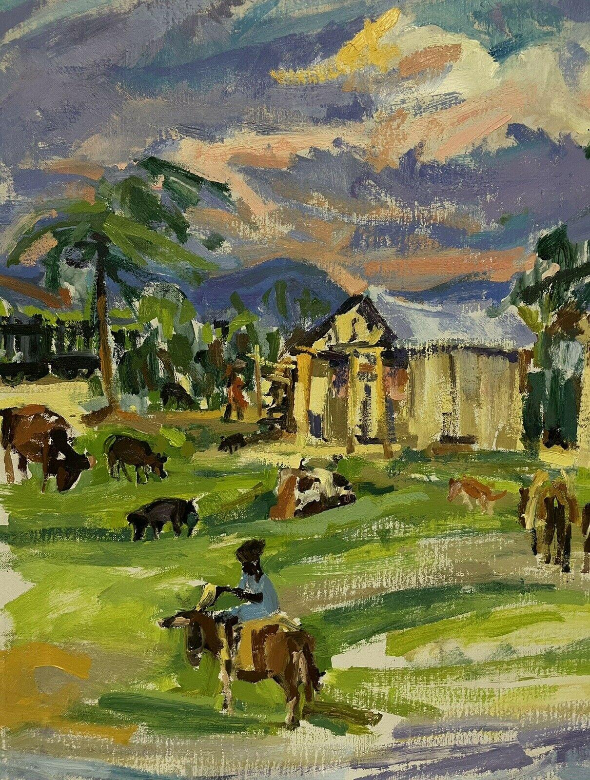 Grande peinture à l'huile impressionniste signée - Paysage d'Haïti avec arbres et animaux - Marron Animal Painting par Douglas Stuart Allen