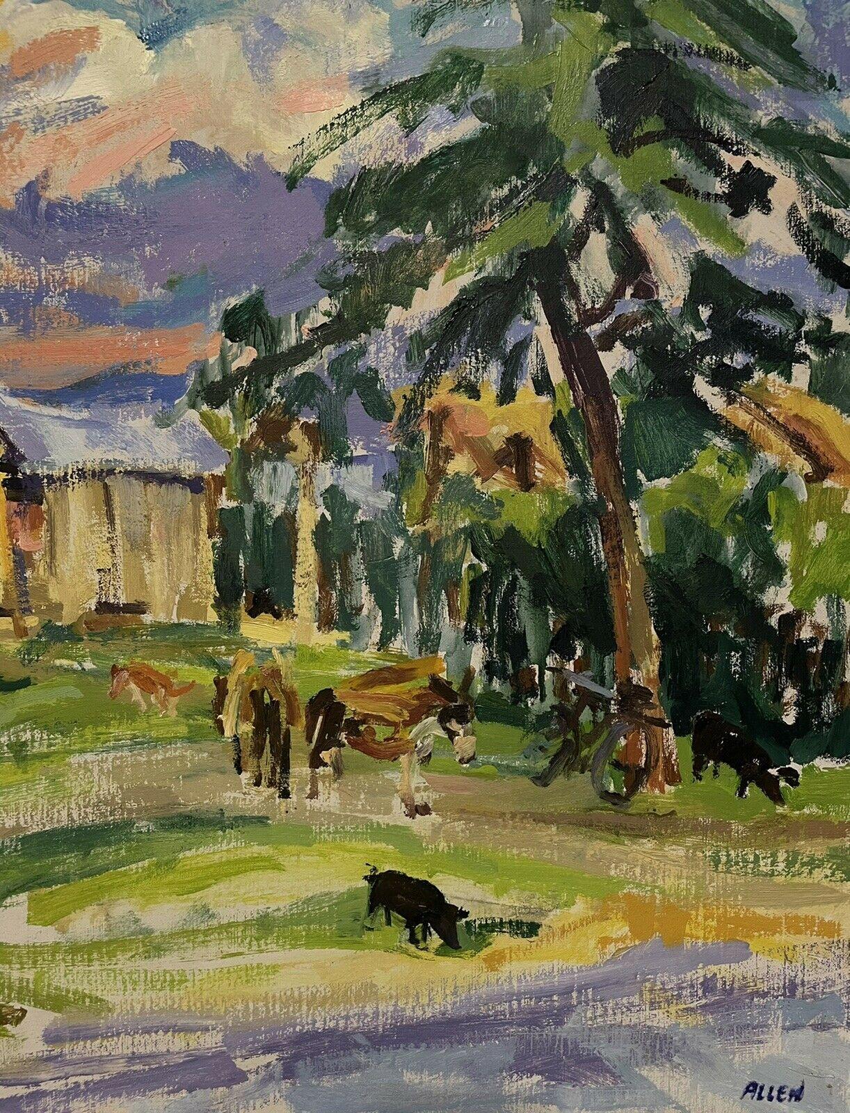 Large Impressionist Signed Oil Painting - Haiti Landscape with Trees & Animals - Brown Animal Painting by Douglas Stuart Allen