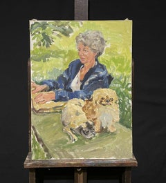 Large Impressionist Signed Oil Painting - Lady with Peke Dog in Garden