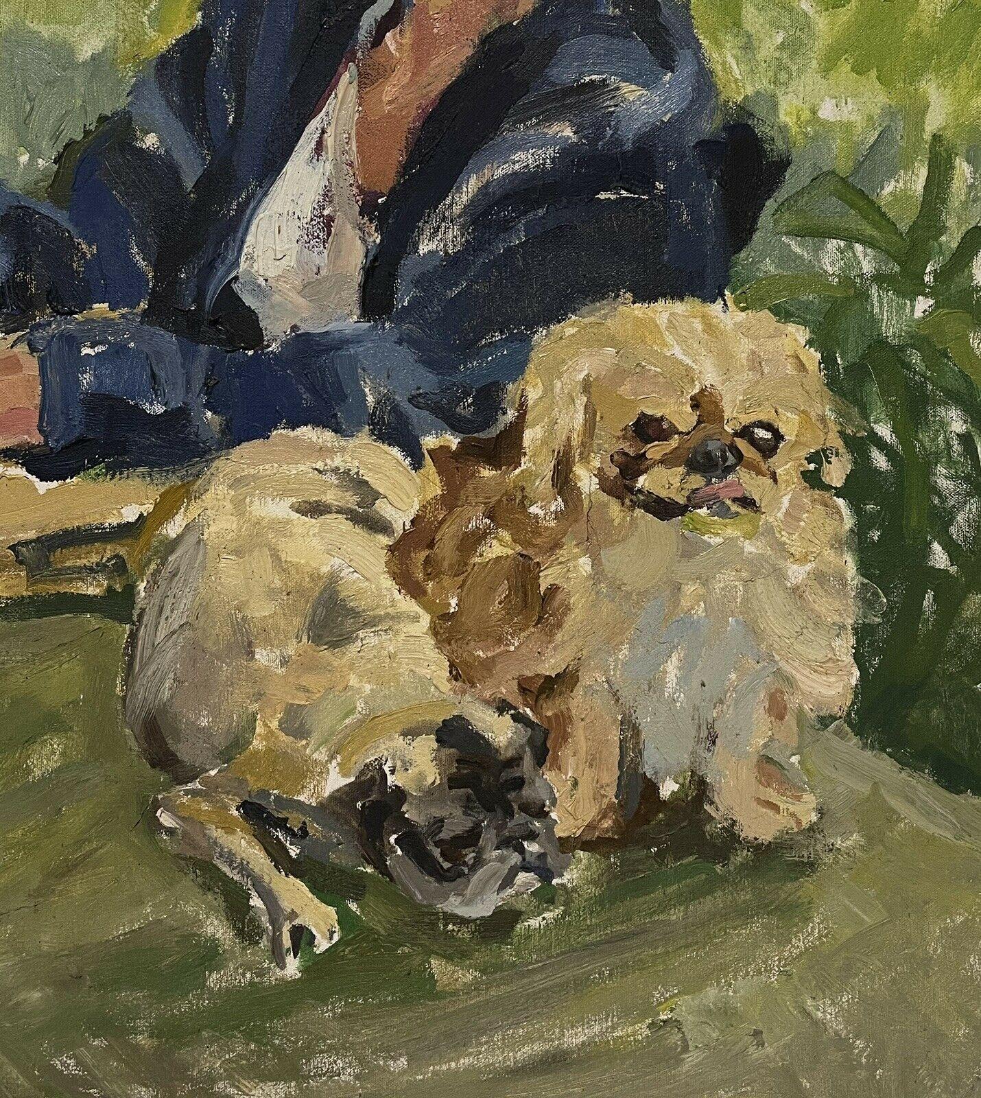 Large Impressionist Signed Oil Painting - Lady with Peke Dog in Garden - Brown Portrait Painting by Douglas Stuart Allen