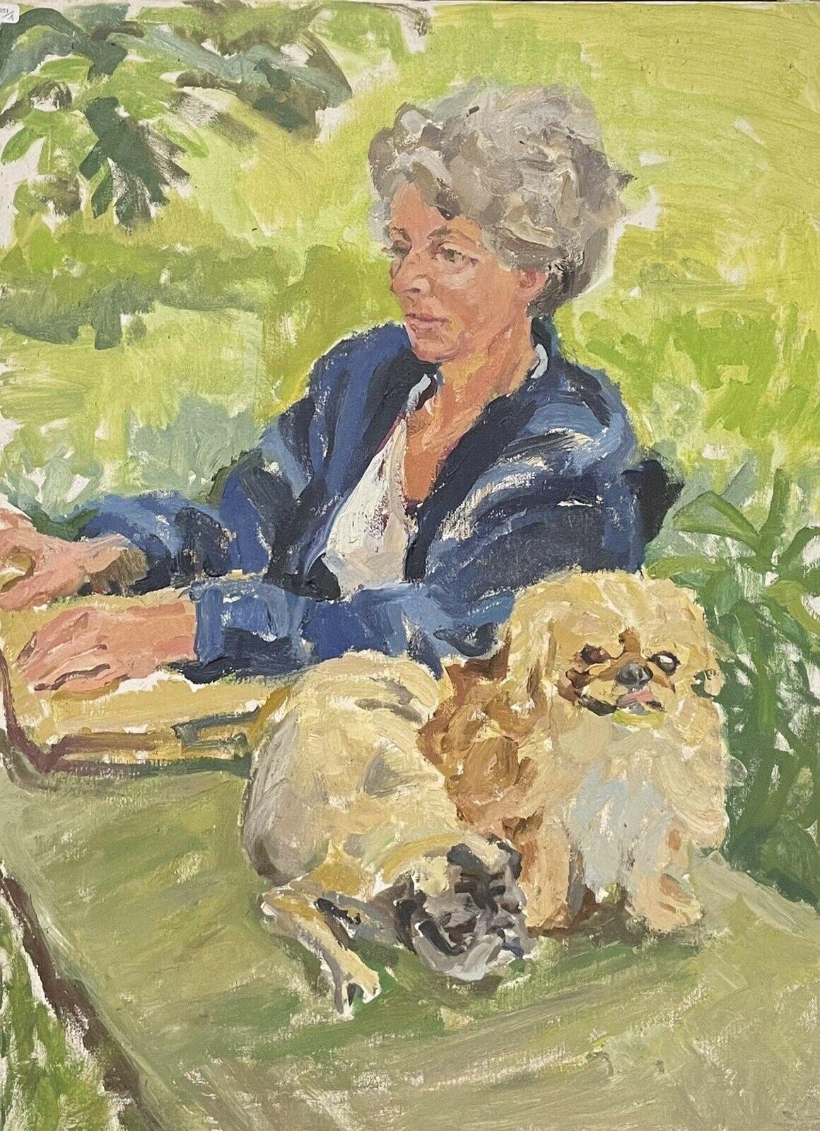 Large Impressionist Signed Oil Painting - Lady with Peke Dog in Garden