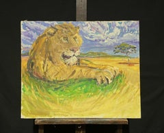 Large Impressionist Signed Oil Painting - Lion resting in Landscape