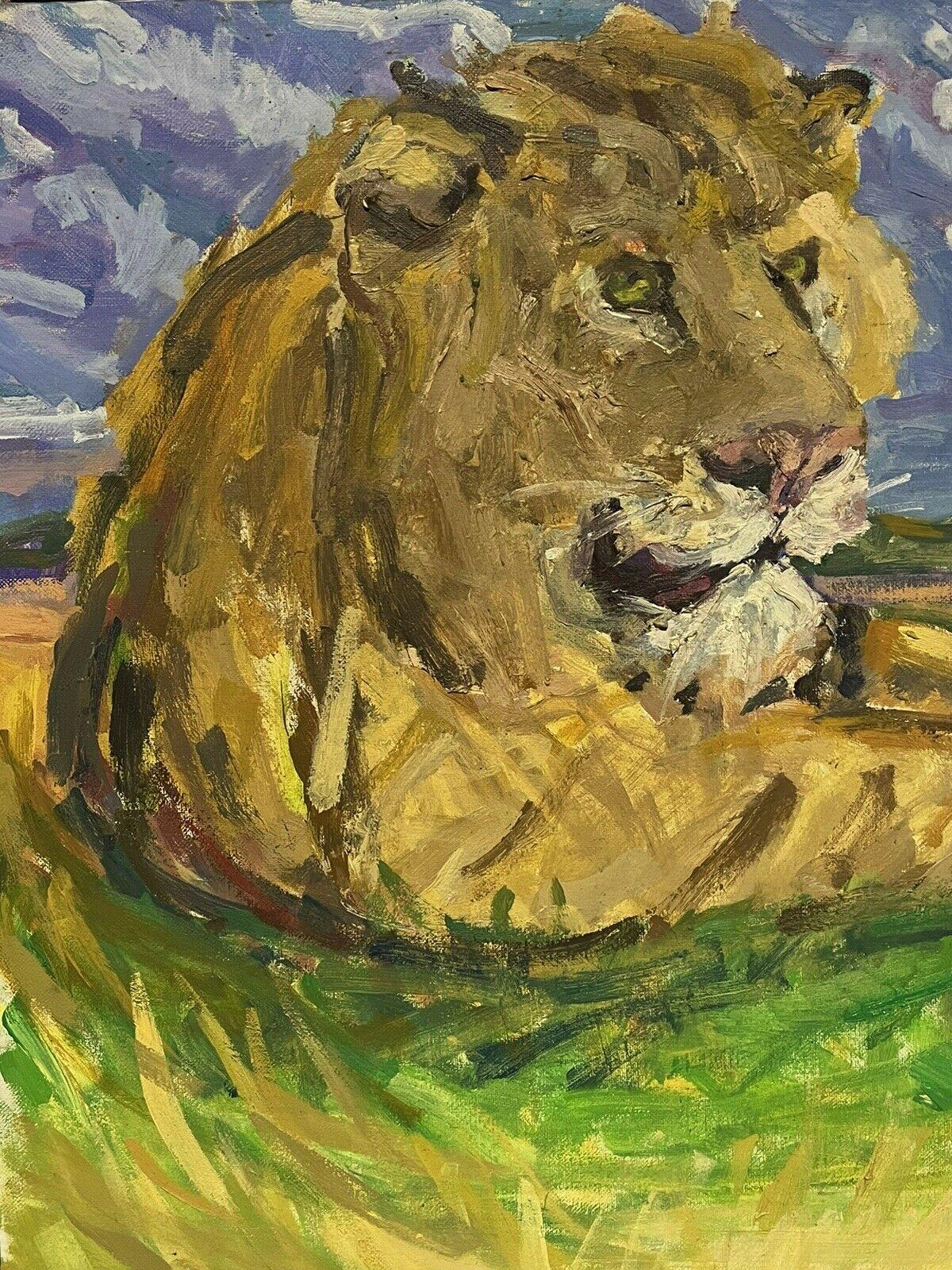 Grande peinture à l'huile impressionniste signée - Lion reposant dans un paysage - Impressionnisme Painting par Douglas Stuart Allen