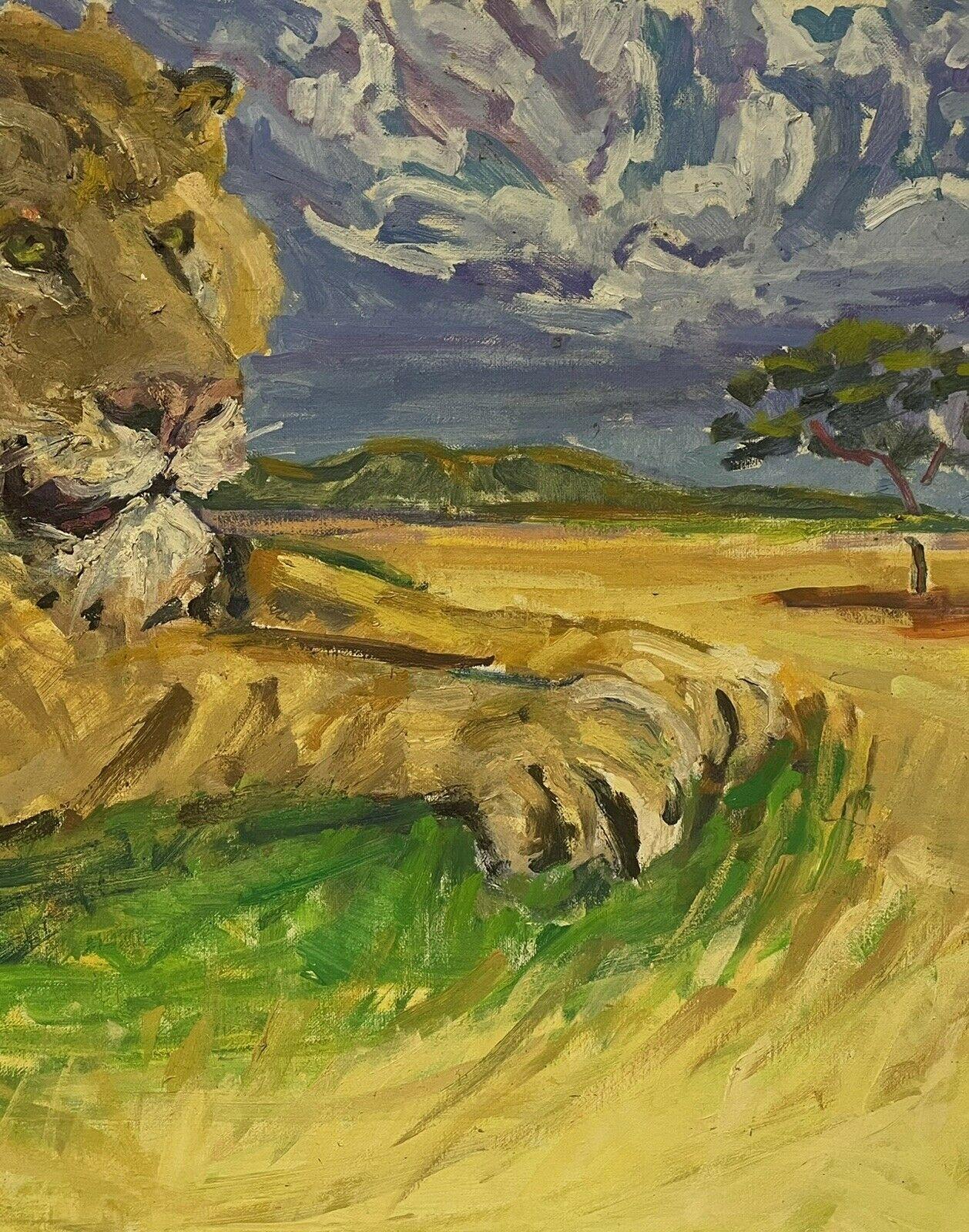 Grande peinture à l'huile impressionniste signée - Lion reposant dans un paysage - Marron Landscape Painting par Douglas Stuart Allen