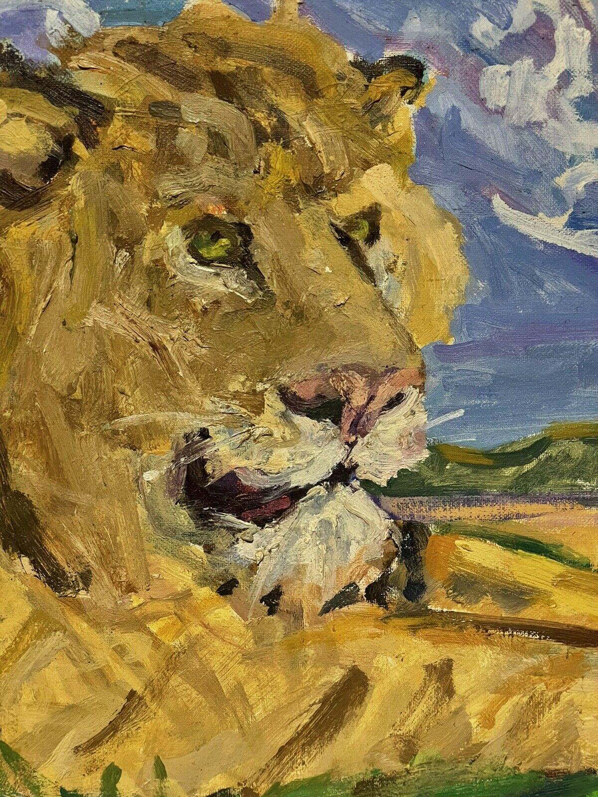 Grande peinture à l'huile impressionniste signée - Lion reposant dans un paysage en vente 1