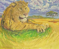 Vintage Large Impressionist Signed Oil Painting - Lion resting in Landscape