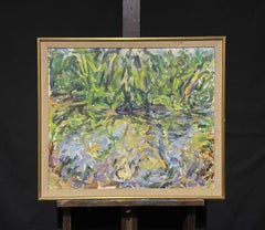 Grande peinture à l'huile impressionniste signée The Pond, représentant l'étang