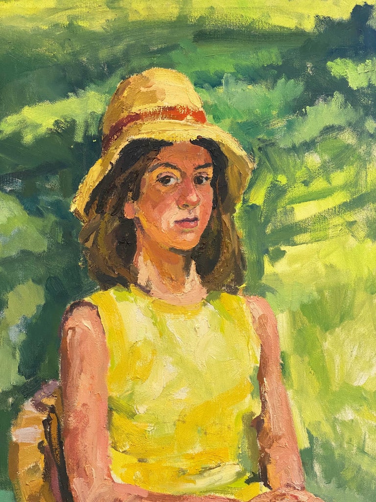 Portrait of Lady in Yellow Dress Large Impressionist Signed Oil Painting - Green Figurative Painting by Douglas Stuart Allen