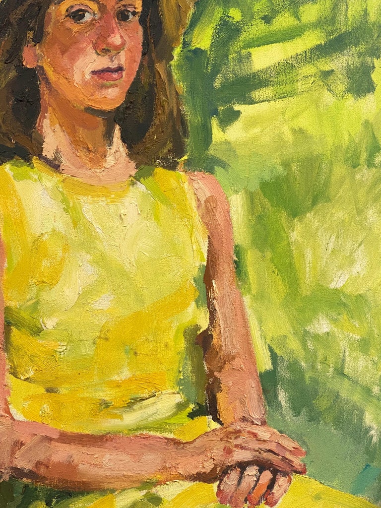 Portrait of Lady in Yellow Dress Large Impressionist Signed Oil Painting For Sale 1