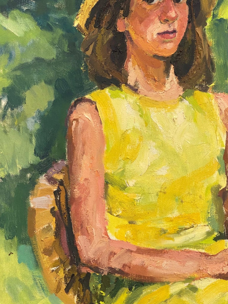 Portrait of Lady in Yellow Dress Large Impressionist Signed Oil Painting For Sale 2