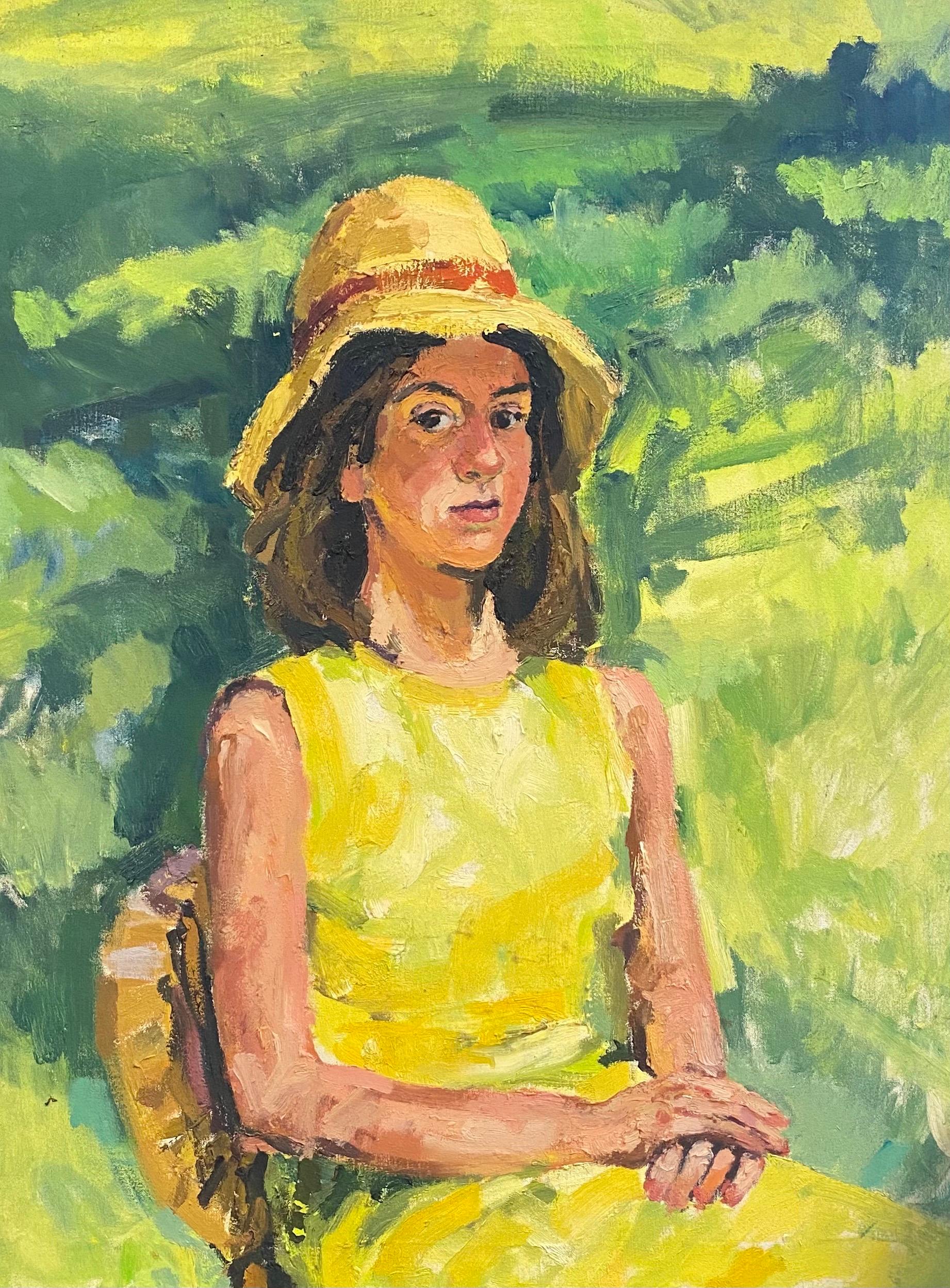 Portrait of Lady in Yellow Dress Large Impressionist Signed Oil Painting