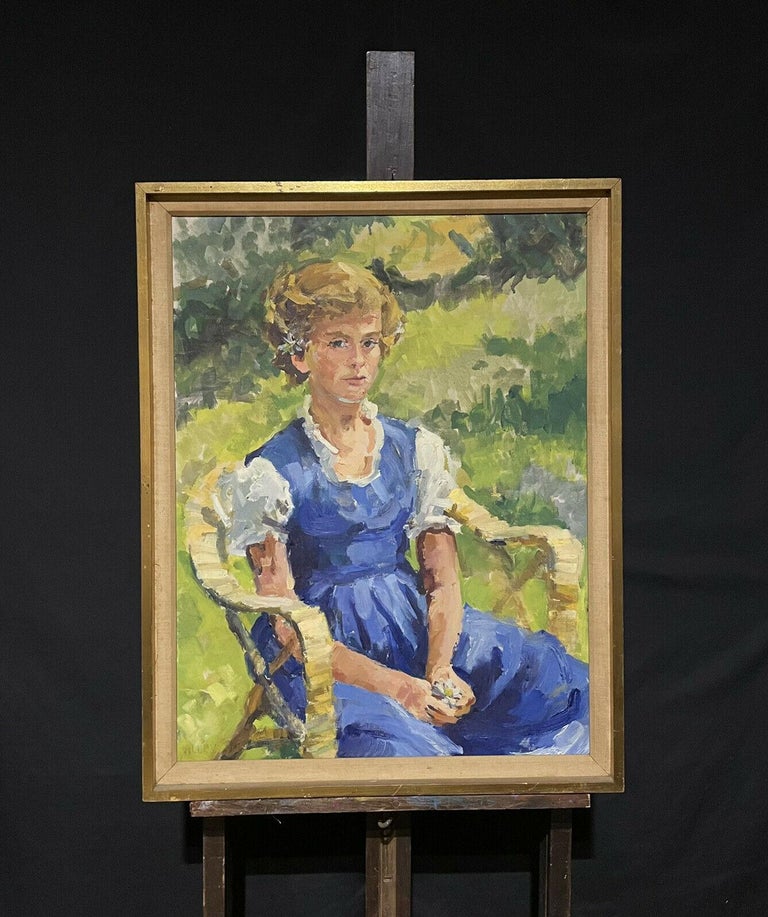 Portrait Young Lady in Garden with Daisies Large Impressionist Signed Painting - Brown Landscape Painting by Douglas Stuart Allen