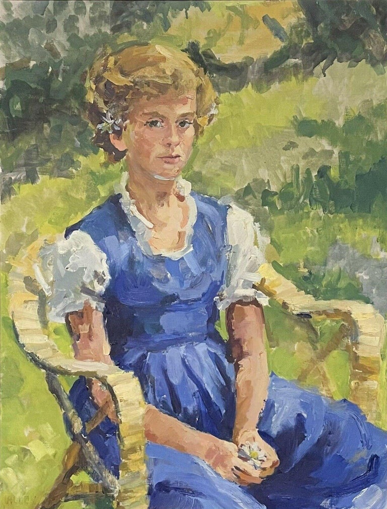 Portrait Young Lady in Garden with Daisies Large Impressionist Signed Painting For Sale 1