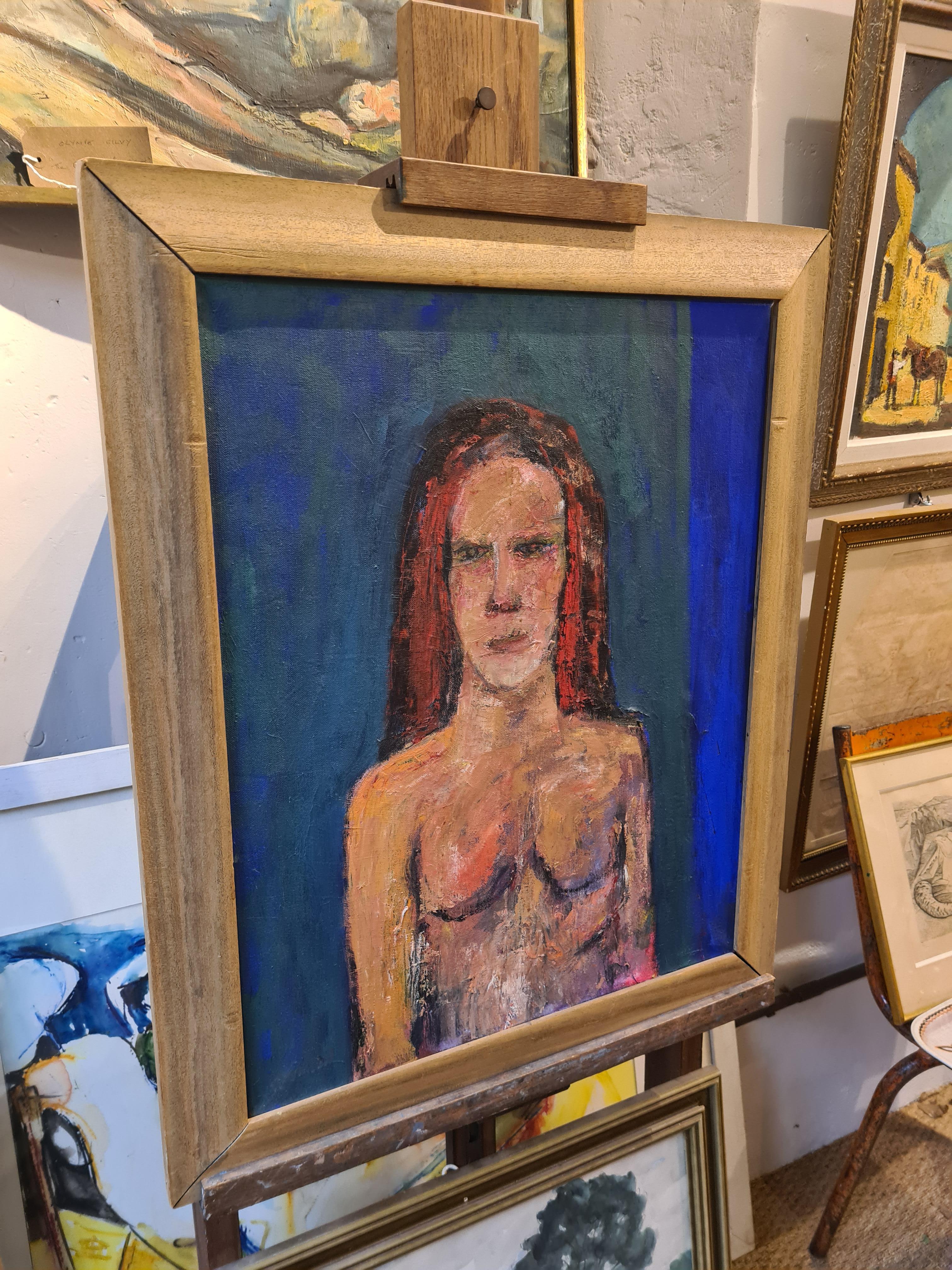 Portrait de femme nue expressionniste, « Le rideau vert », huile sur toile en vente 6
