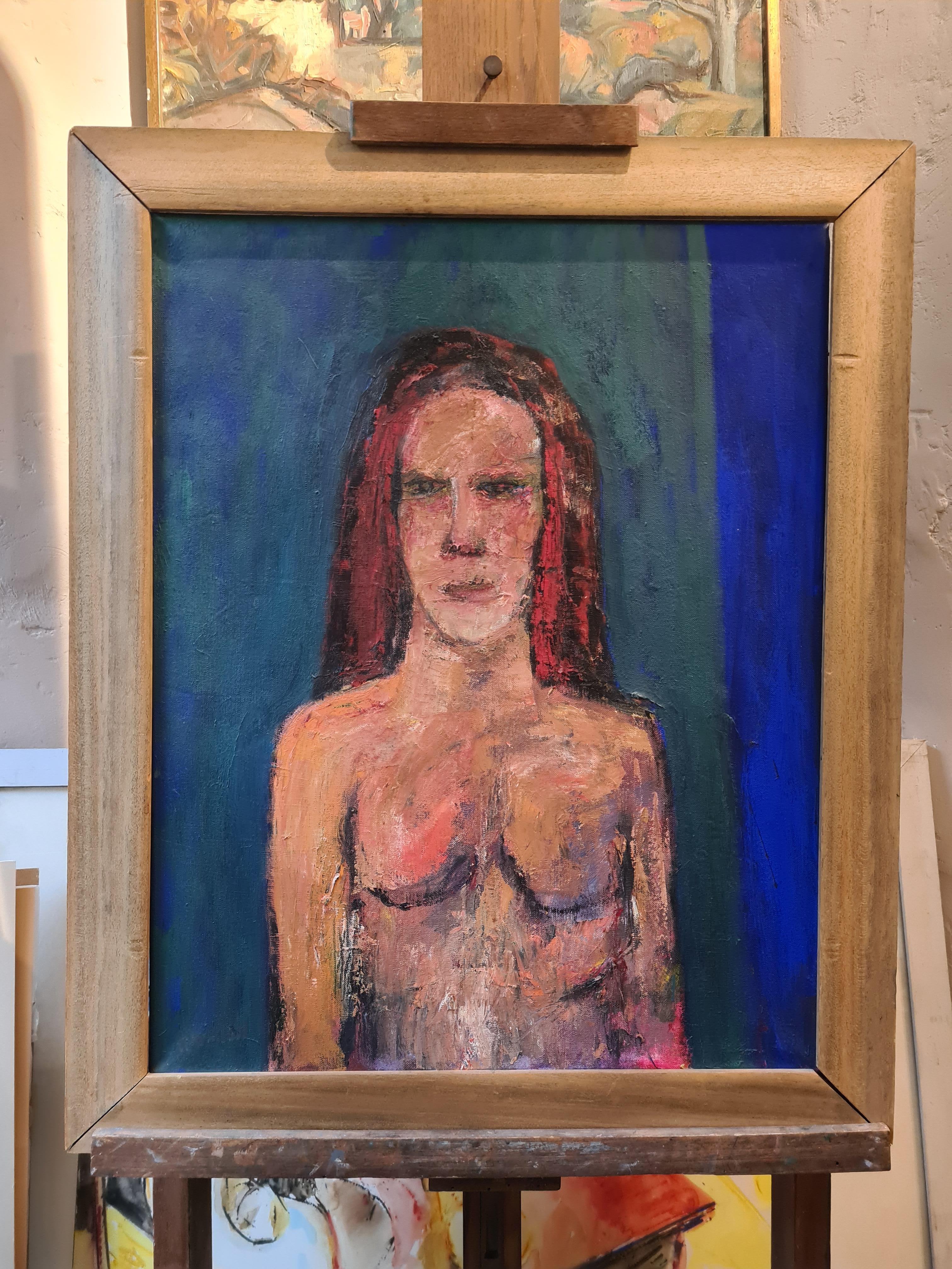 Expressionist Female Nude Portrait, 'The Green Curtain' Oil on Canvas. - Painting by Douglas Thomson