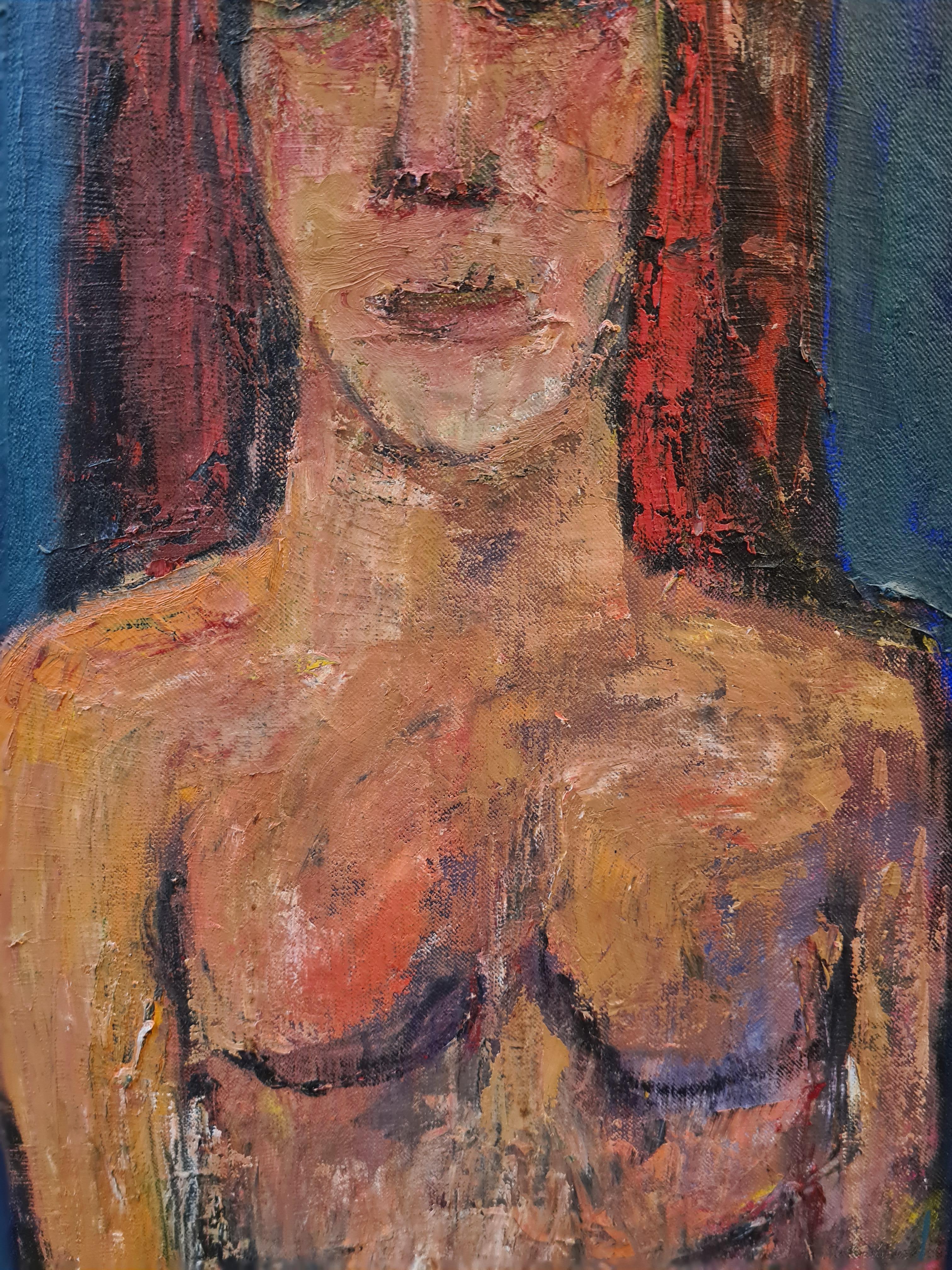 Expressionistisches weibliches Aktporträt, „Der grüne Vorhang“, Öl auf Leinwand. im Angebot 1