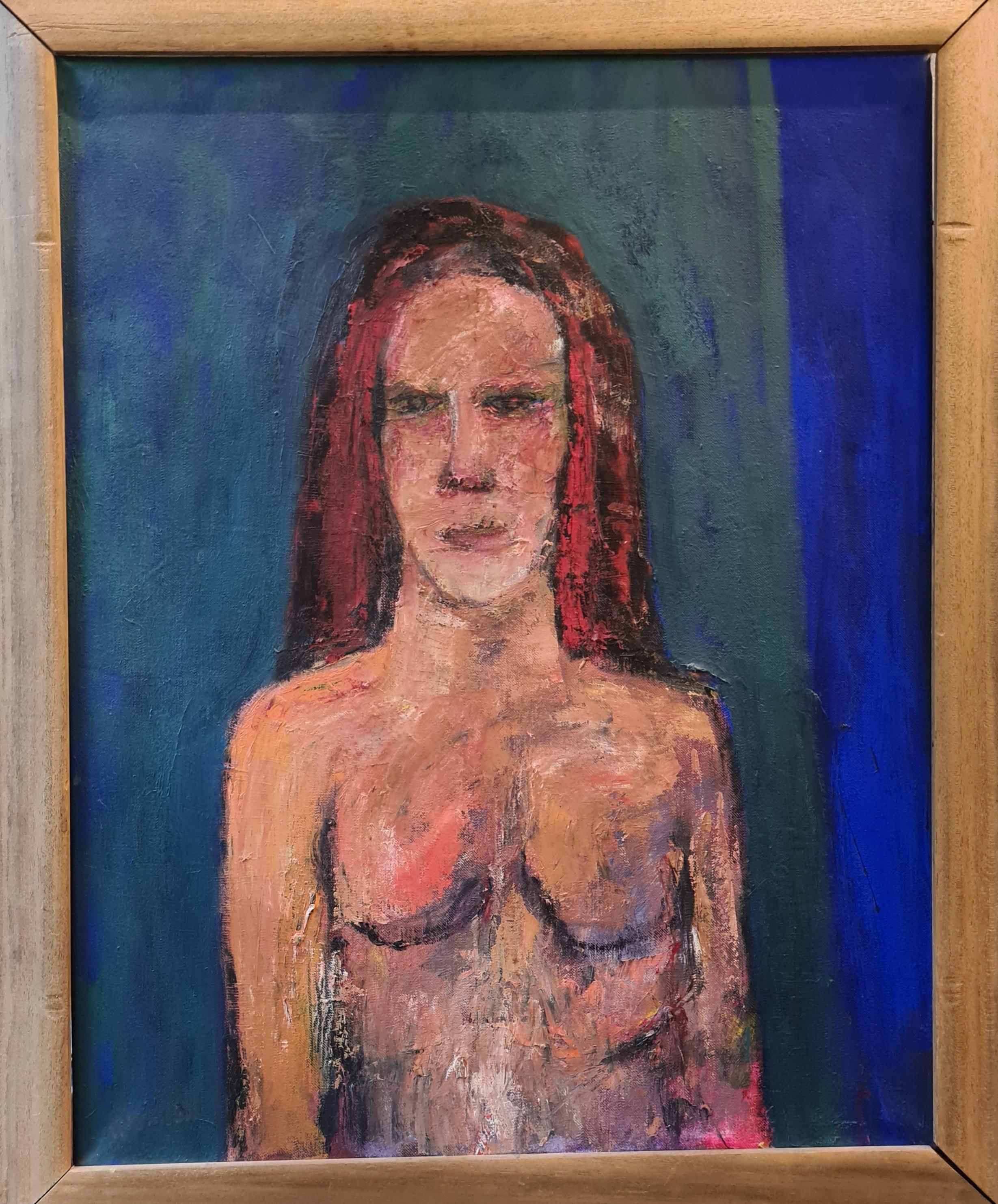 Douglas Thomson Nude Painting - Expressionist Female Nude Portrait, 'The Green Curtain' Oil on Canvas.