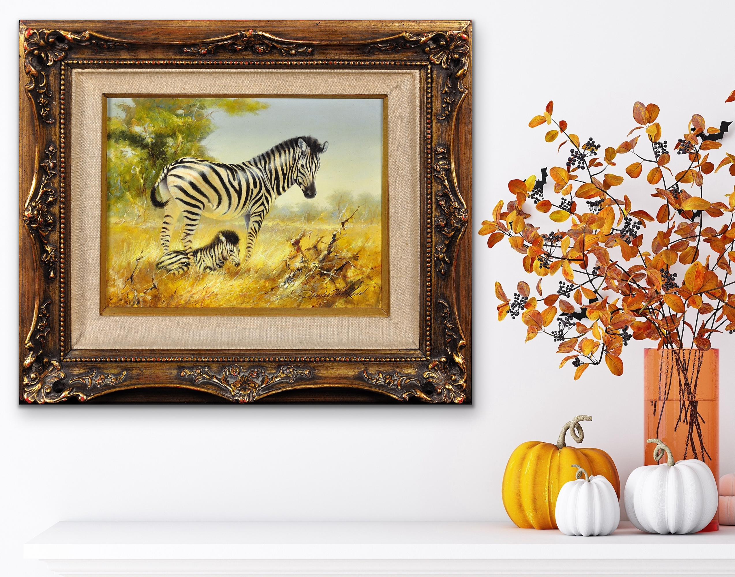 Zebra Mare et Foal. Scène de la faune africaine. Safari.Animal. Peinture à l'huile originale en vente 8
