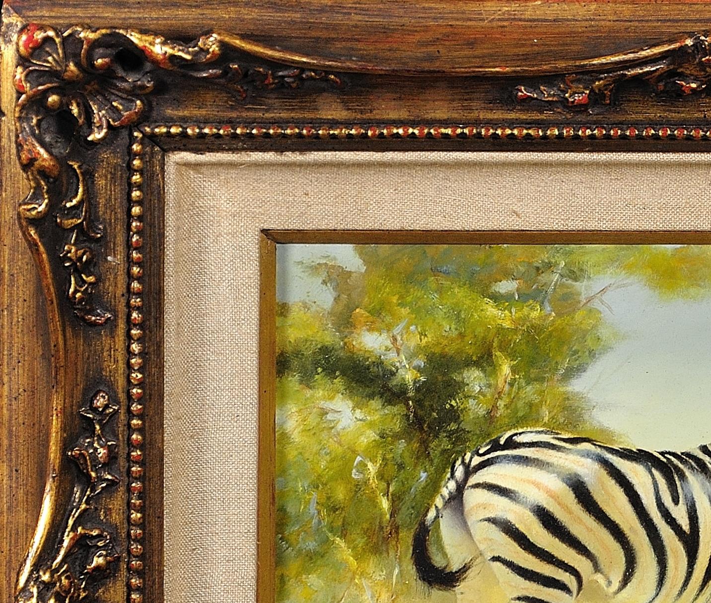 Zebra Mare et Foal. Scène de la faune africaine. Safari.Animal. Peinture à l'huile originale en vente 12