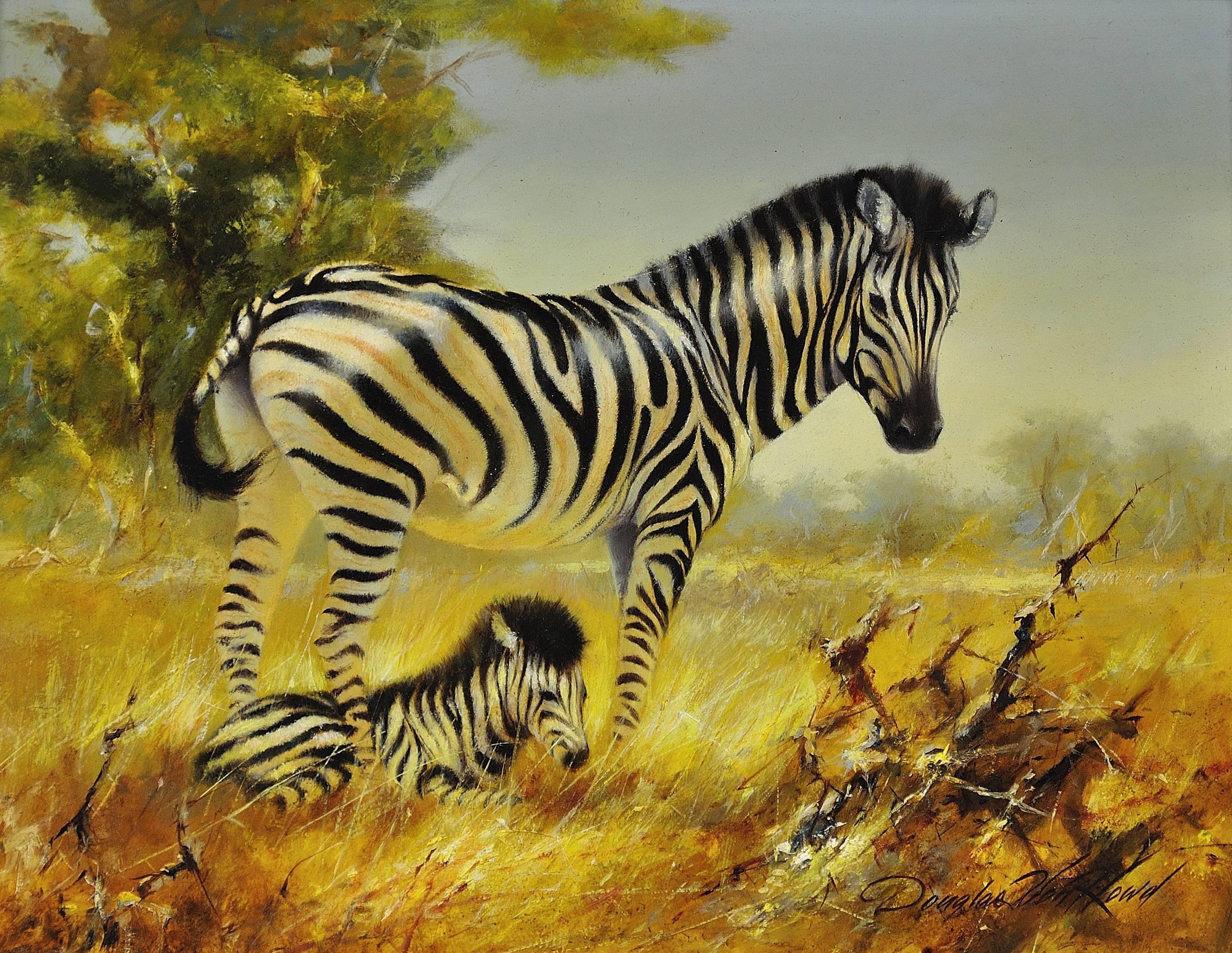 Zebra Mare et Foal. Scène de la faune africaine. Safari.Animal. Peinture à l'huile originale - Painting de Douglas Van Howd