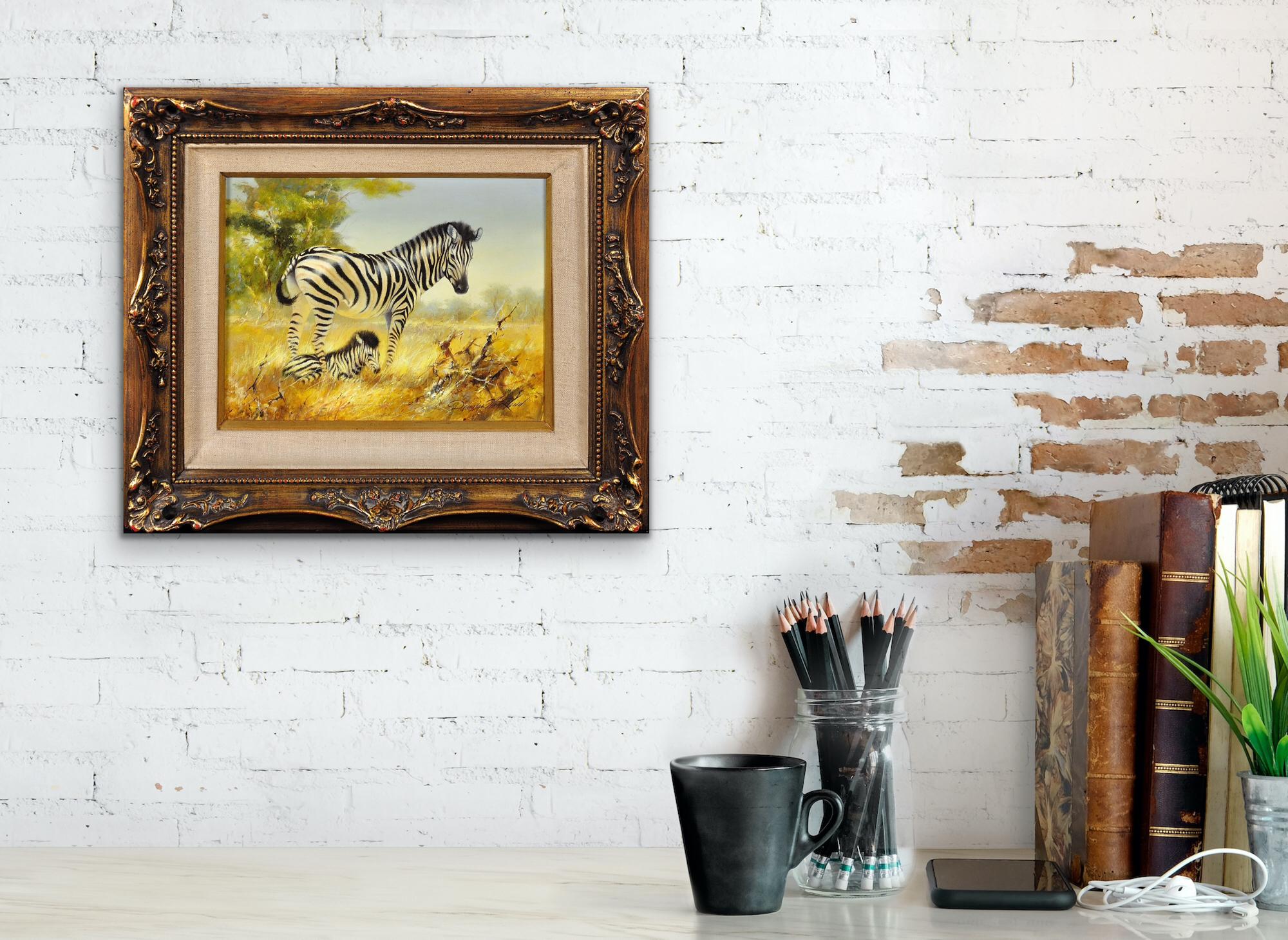 Zebra Mare et Foal. Scène de la faune africaine. Safari.Animal. Peinture à l'huile originale en vente 2