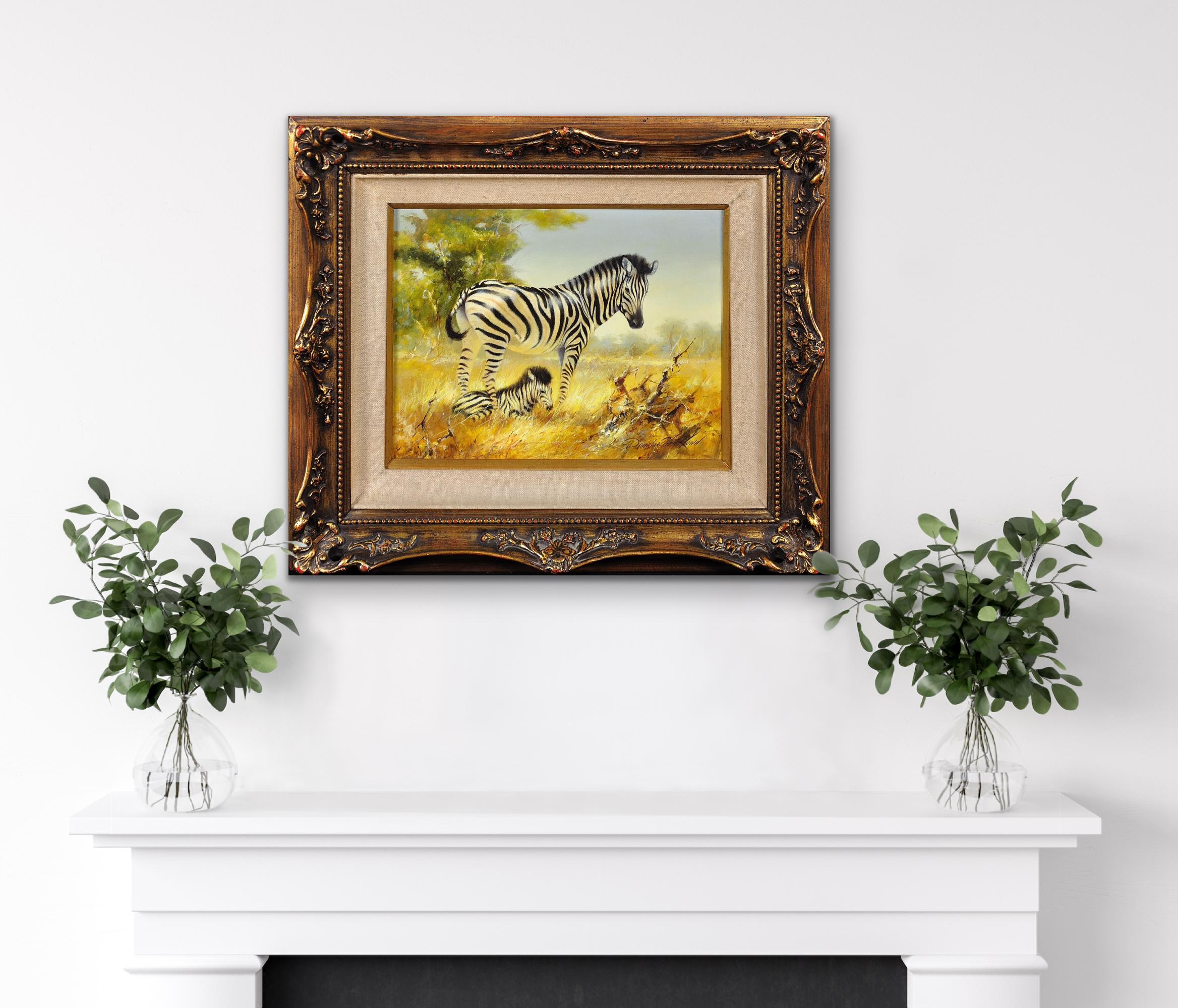 Zebra Mare et Foal. Scène de la faune africaine. Safari.Animal. Peinture à l'huile originale en vente 4