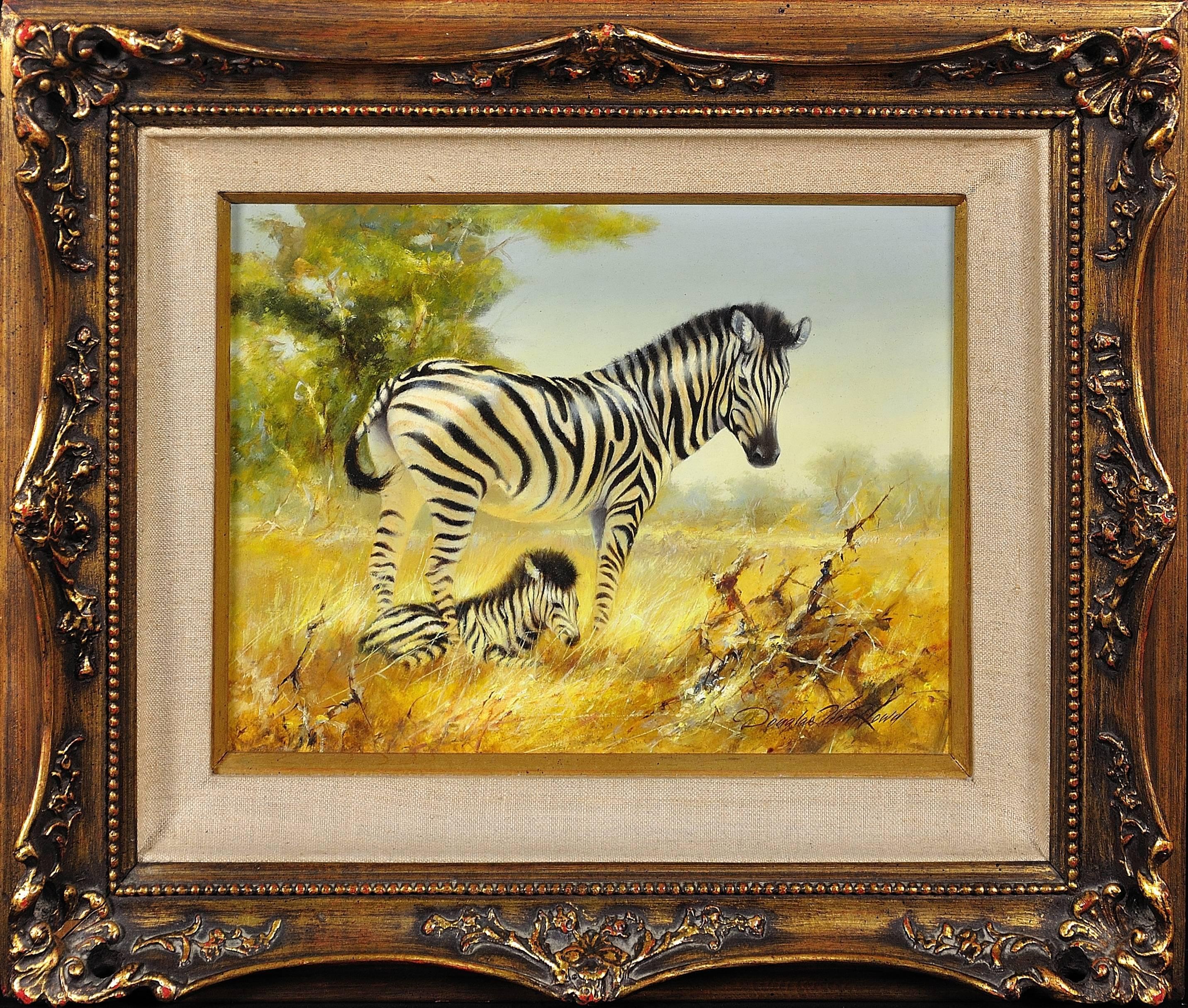 Animal Painting Douglas Van Howd - Zebra Mare et Foal. Scène de la faune africaine. Safari.Animal. Peinture à l'huile originale