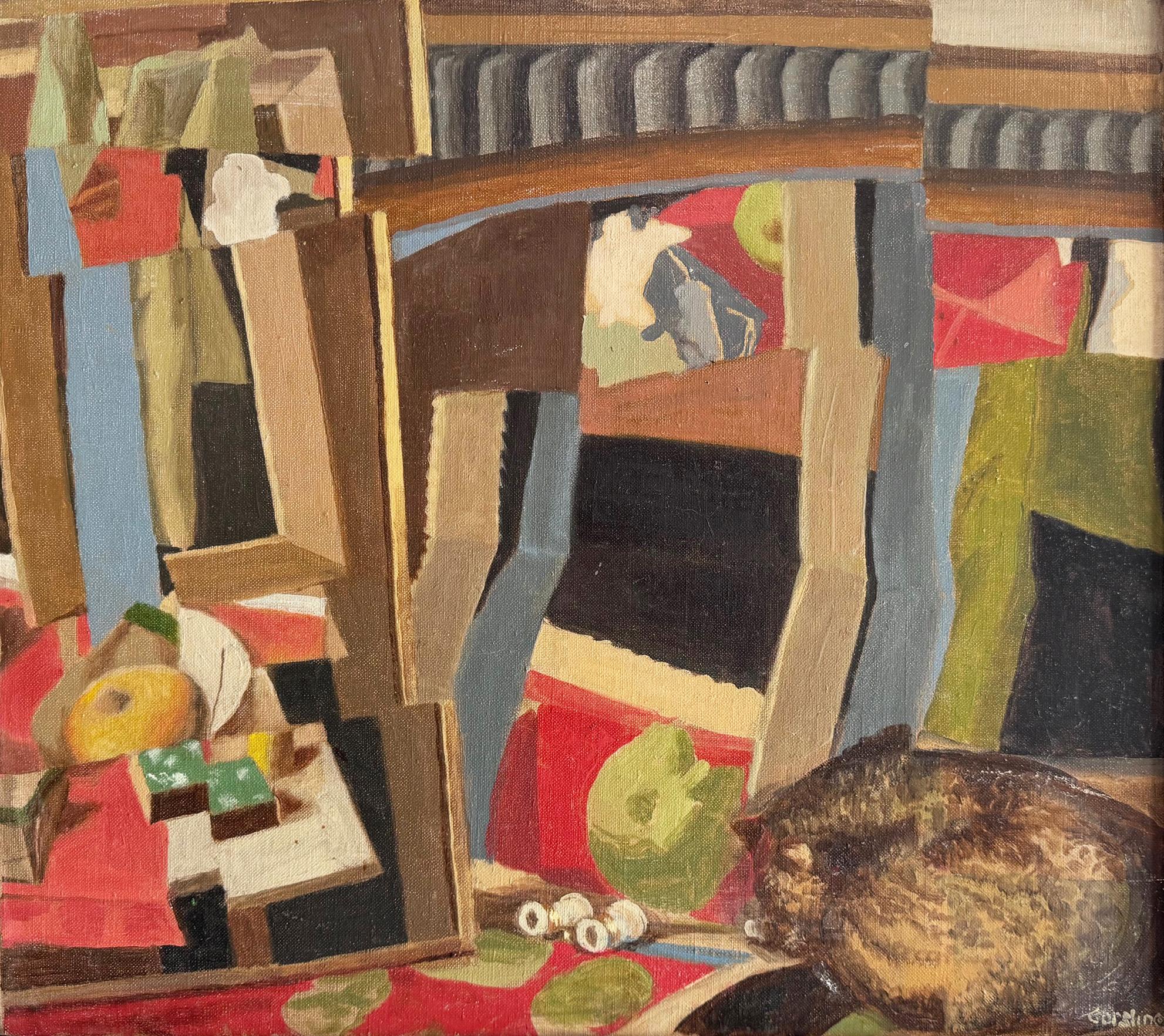 Antique American Cubist Still Life Cat Portrait Framed & Signed Oil Painting For Sale 1
