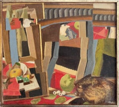 Antiquité - Nature morte cubiste américaine - Portrait de chat - Peinture à l'huile encadrée et signée