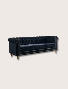 Douglass Rolled-Arm Black Velvet Chesterfield Sofa, Hand-Crafted, Modern Design