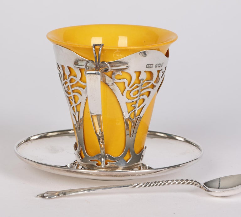 Doulton Burslem Art Deco Silver Mounted Coffee Cup Set In Good Condition For Sale In Bishop's Stortford, Hertfordshire