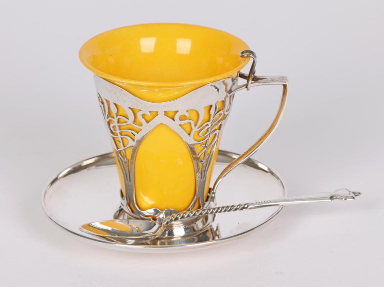 Doulton Burslem Art Deco Silver Mounted Coffee Cup Set For Sale 2