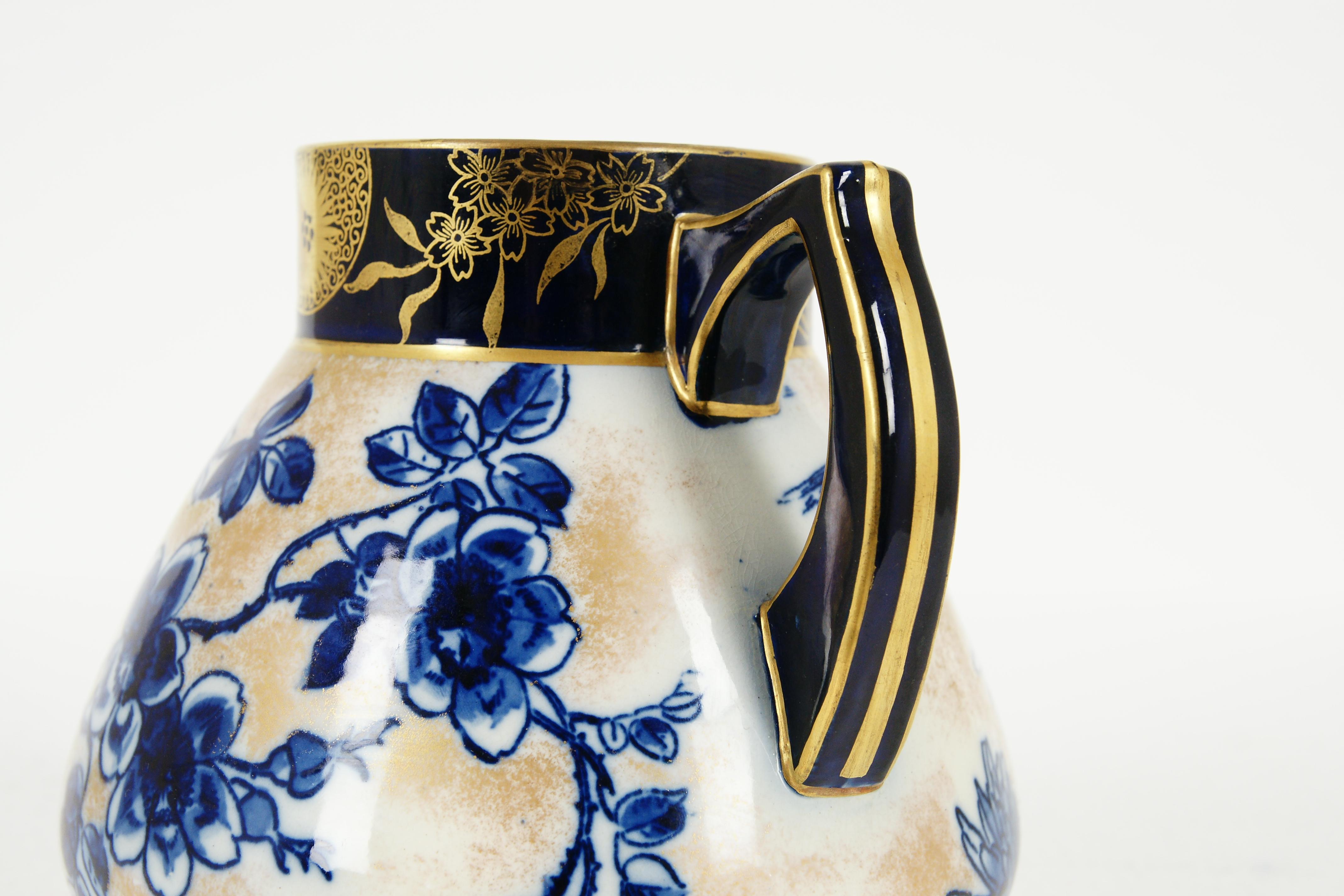 20th Century Doulton Burslem England Blue Flowers Porcelain Jug Handpainted & Gilt, B1978