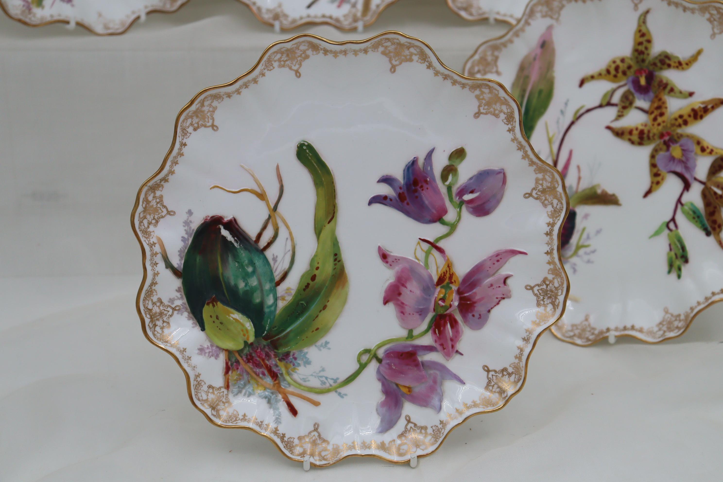 Late Victorian Doulton Burslem hand coloured part dessert set decorated with orchids For Sale