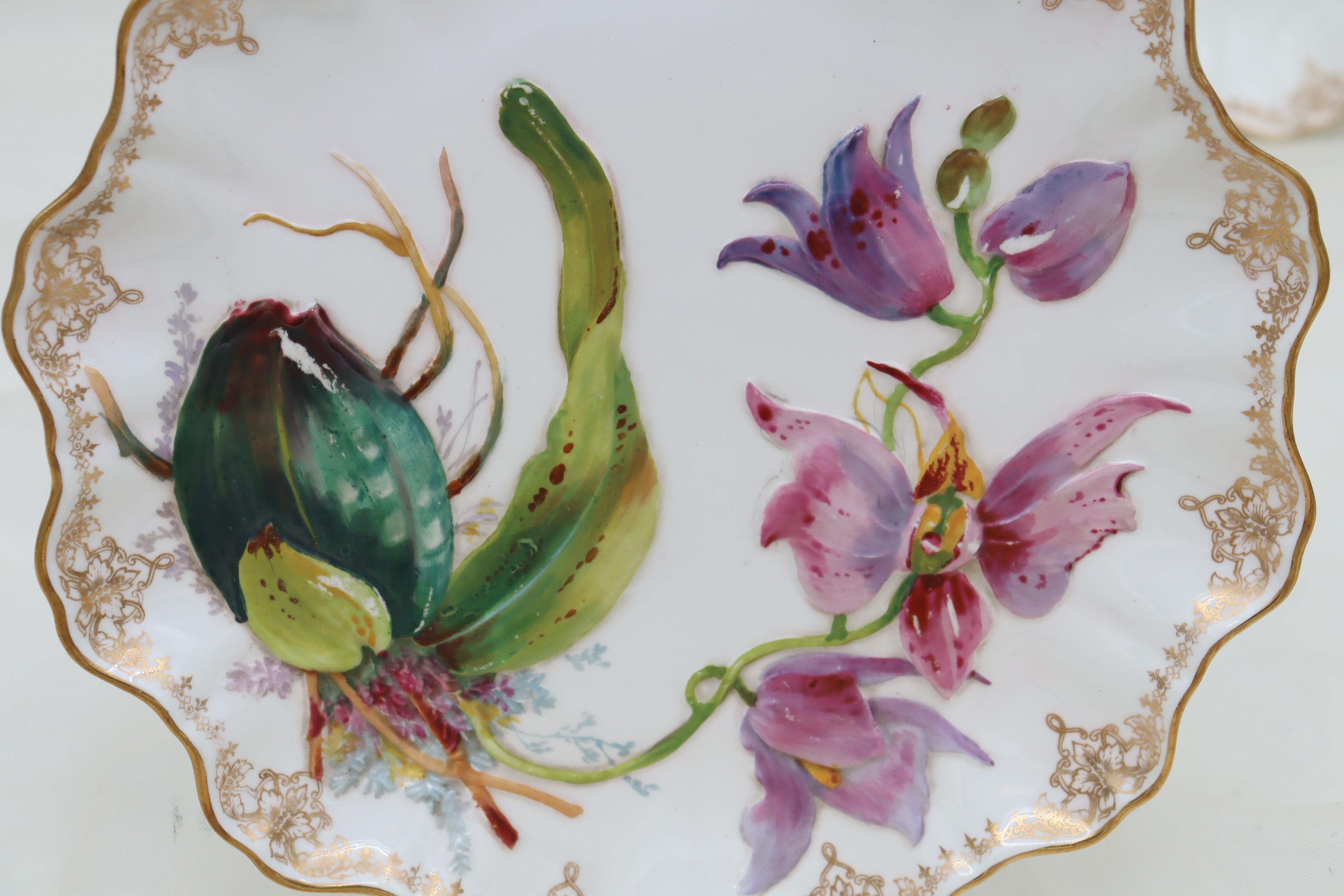 English Doulton Burslem hand coloured part dessert set decorated with orchids For Sale