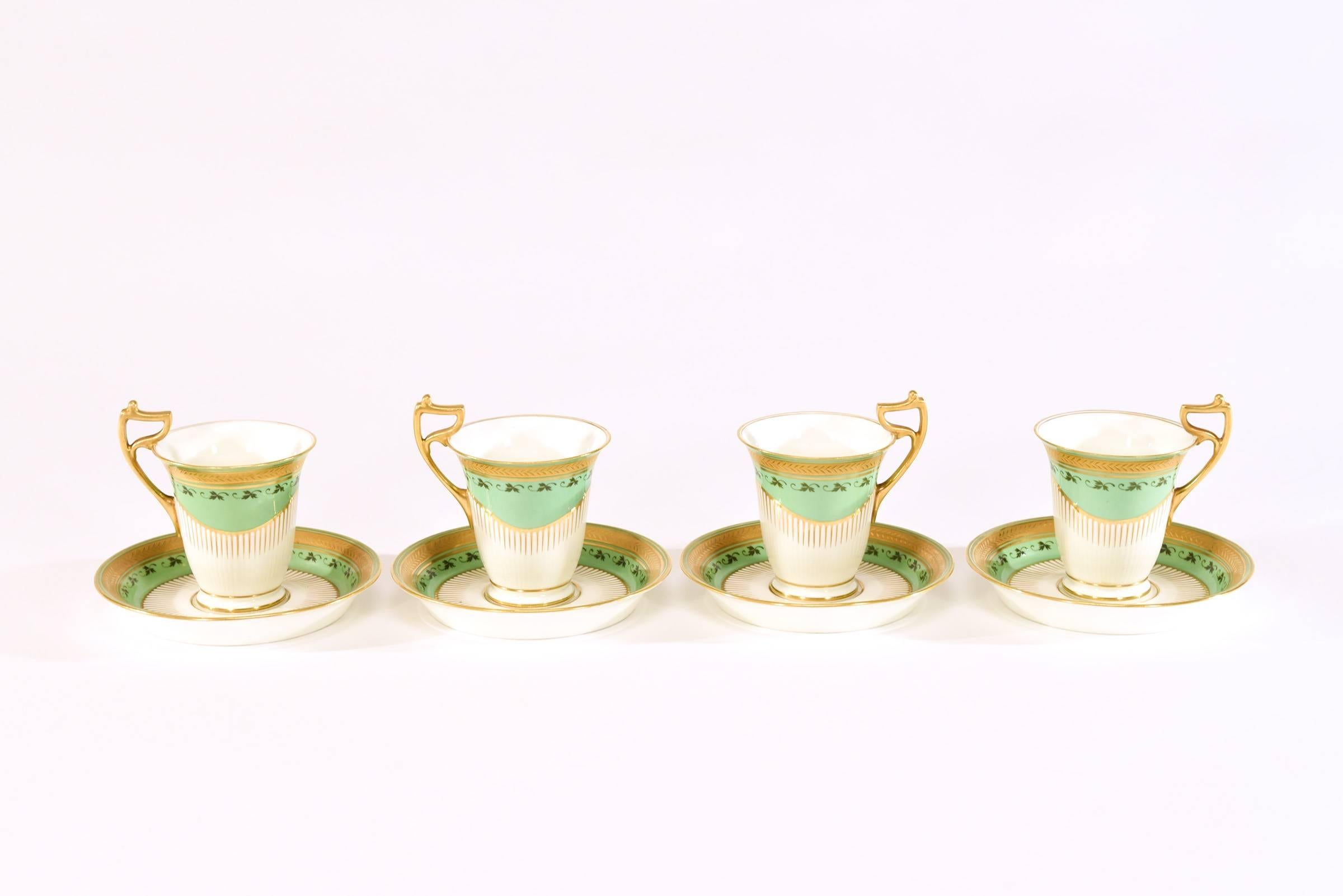 Enameled Doulton Burslem Mint Green Hot Chocolate Set for 4 Gilt Gold & White Enamel For Sale